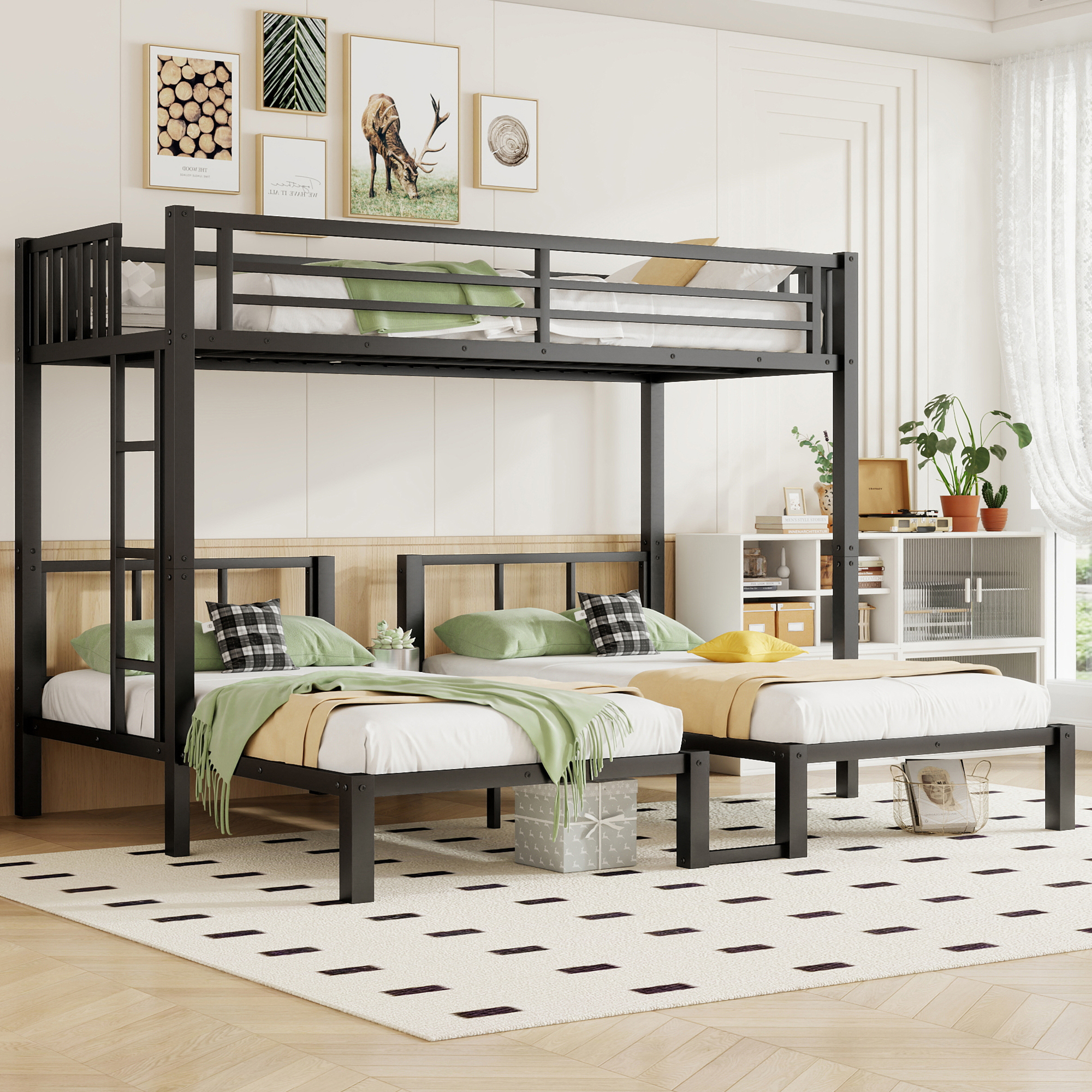 thumbnail video image 2 of Mirightone Triple Bunk Bed for 3, Metal 3 Bed Bunk Bed with Guardrail & Ladder, Convertible Space-Saving Bunk Bed Frame for Teens,Twin XL over Twin over Twin Size (Black), 2 of 10