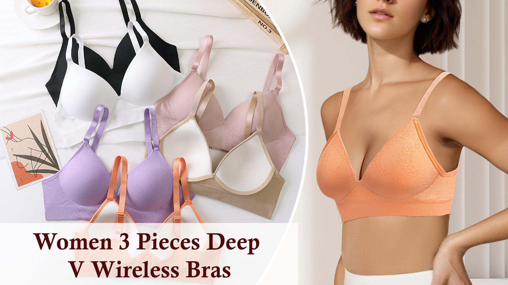 thumbnail video image 2 of Aivtalk Deep V Bras for Women Wireless Shaping Bra 3pcs Set Everyday Bra Ladies Tshirt Push Up Bralettes Plunge Seamless Underwear Multicolors M, 2 of 7