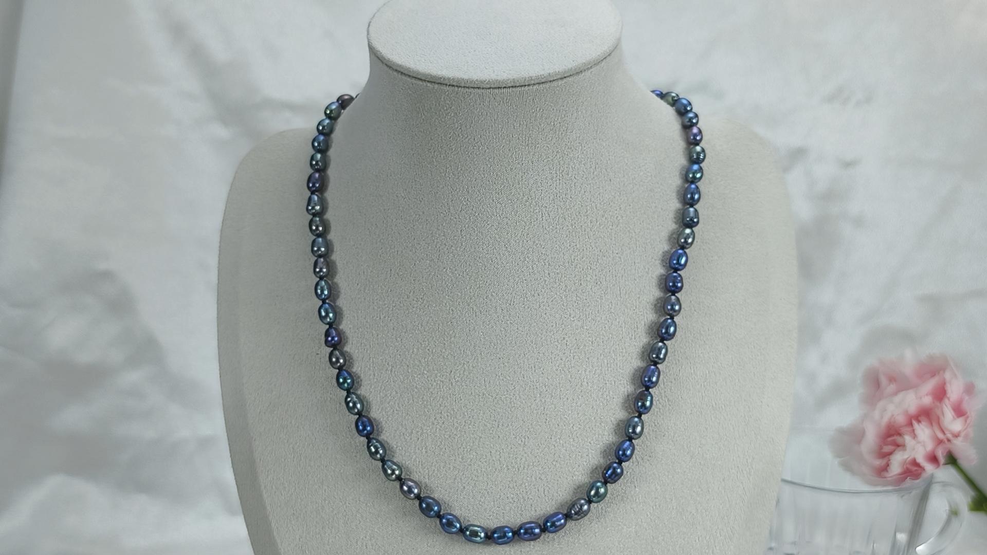 thumbnail video image 2 of Yami 5-6mm Black Cultured Pearl Necklace 925 Sterling Silver 18+2in Valentine's Day Jewelry Gift for Women, 2 of 8