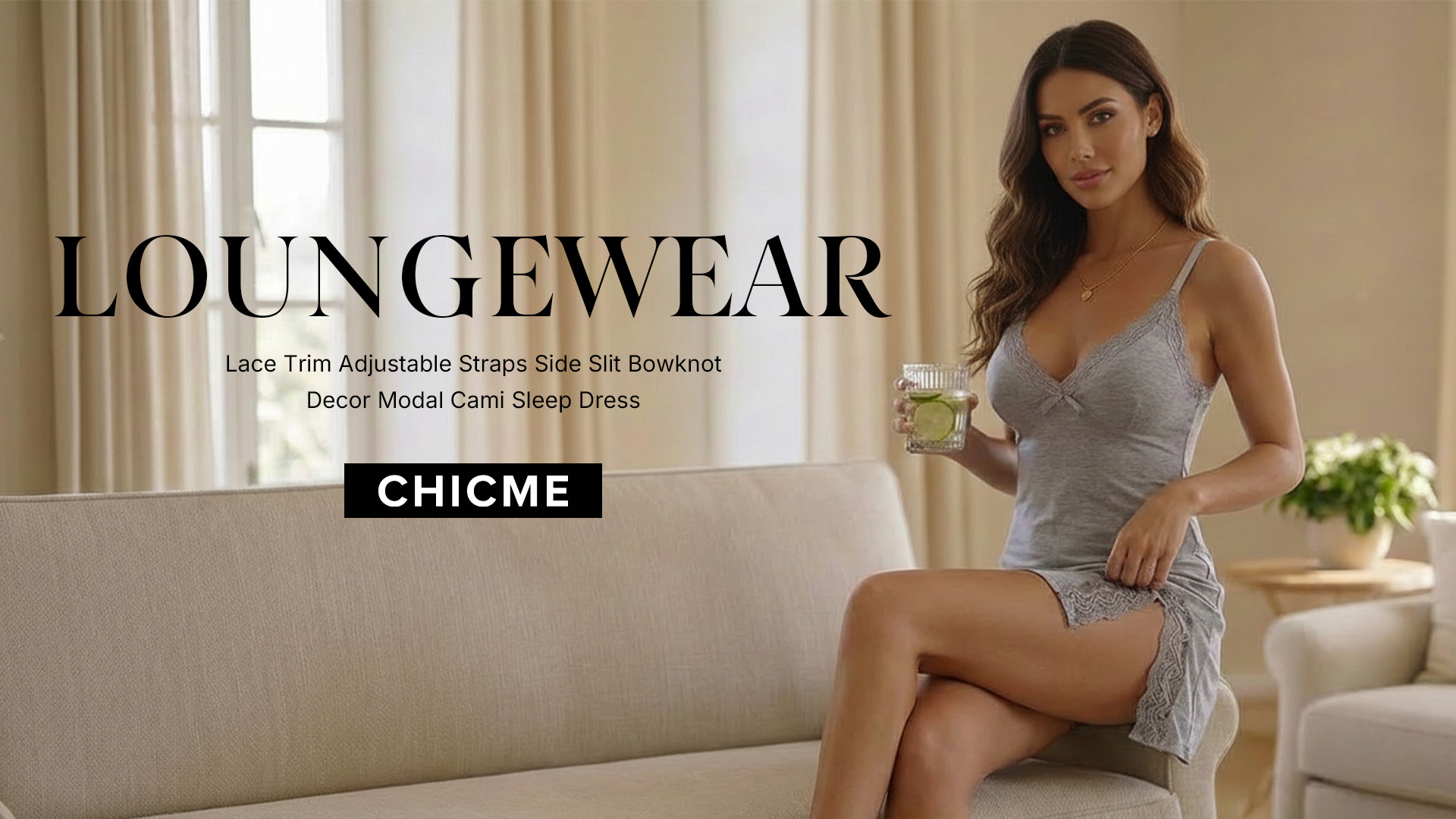 thumbnail video image 2 of CHICME Nightgowns For Women Solid Color Lace Trim Side Slit Modal Cami Sleep Dress Womens Pajamas & Loungewear Dark Blue-S, 2 of 5
