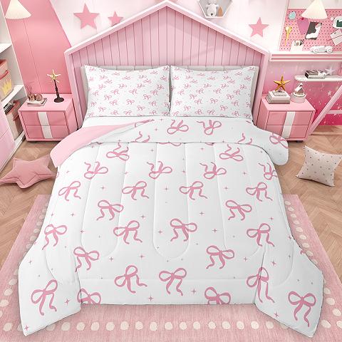 thumbnail video image 2 of Homewish Lovely Bow Ribbon Full Size Comforter Sets,Cute Cartoon Bowknot Bedding Comforter Set,Pink Bowtie Bedding Sets For Girl Teens,Ultra Soft Home Decor Reversible,3-Piece, 2 of 9