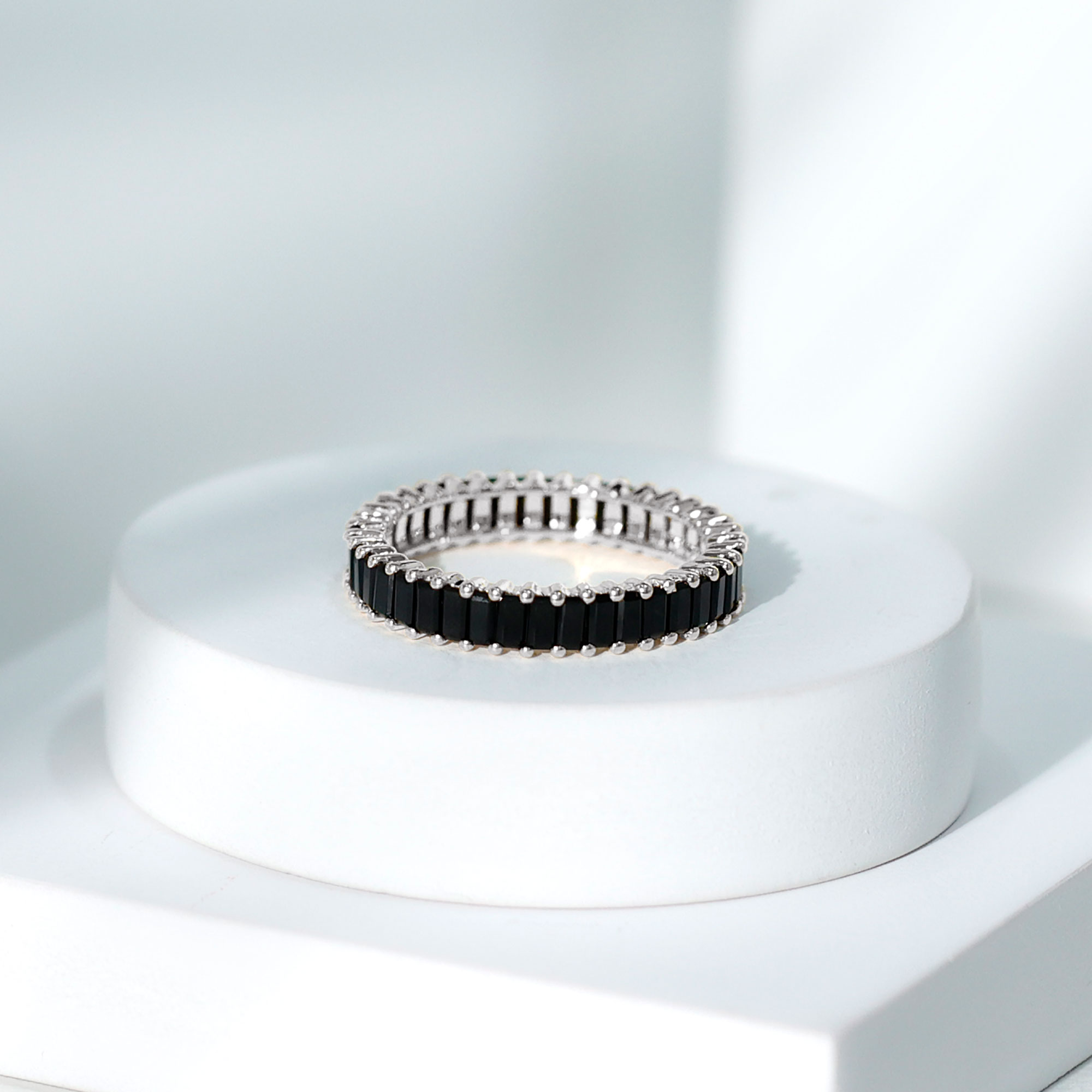 thumbnail video image 2 of Natural Black Onyx Full Eternity Ring, Baguette Black Onyx Ring for Women (2.75 CARAT, December Birthstone, Rosec Jewels), 925 Sterling Silver, US 4.00, 2 of 6