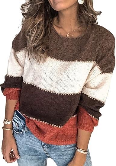 thumbnail video image 2 of NAYTOAO Crew Neck Color Block Patchwork Sweater for Women Casual Long Sleeve Tunic Pullover Knit Tops Black XL, 2 of 7