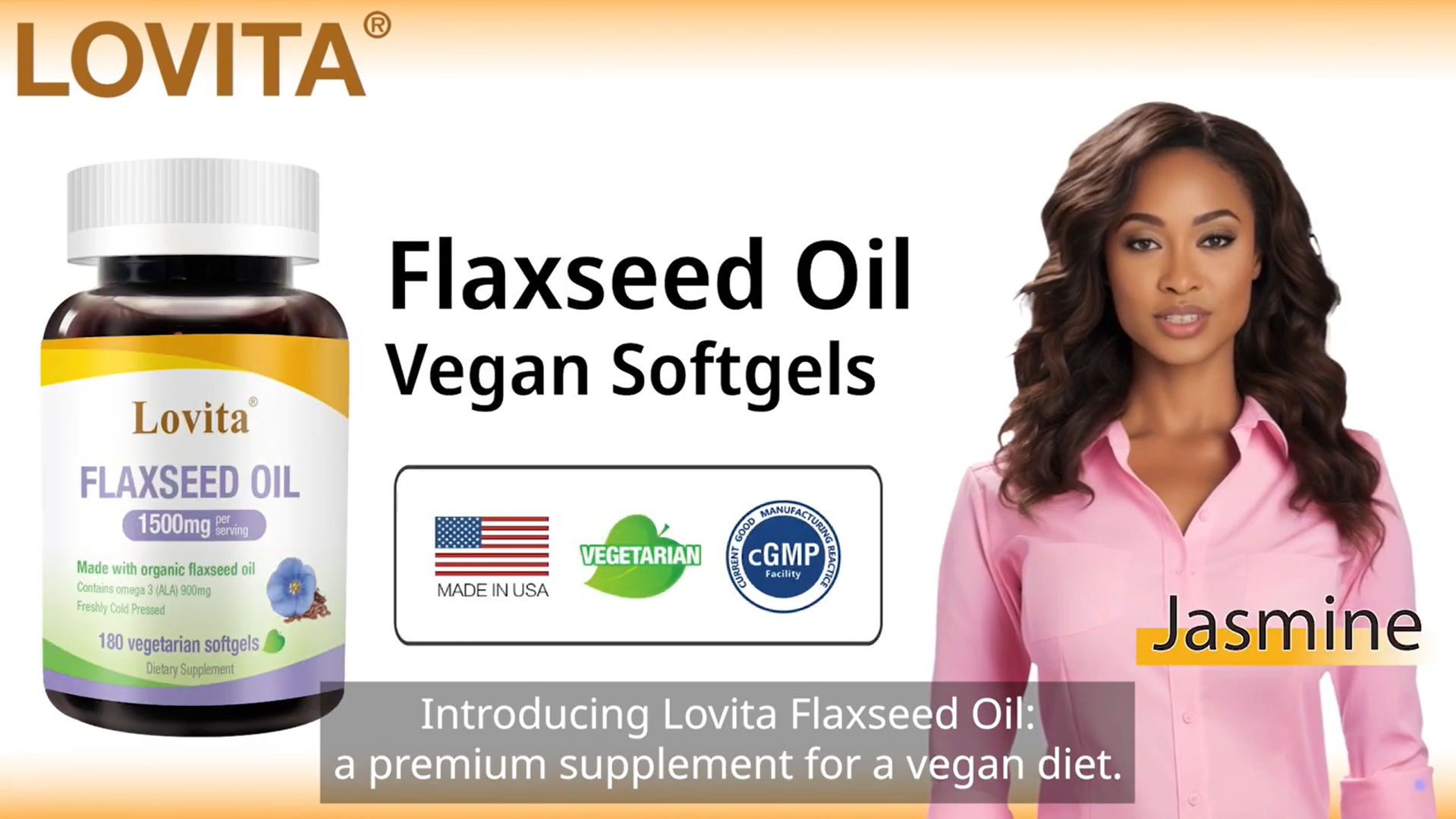 thumbnail video image 2 of LOVITA Vegan Omega-3 Cold-Pressed Flaxseed Oil: 1500mg, 900mg ALA, 180 Softgels, 2 of 8