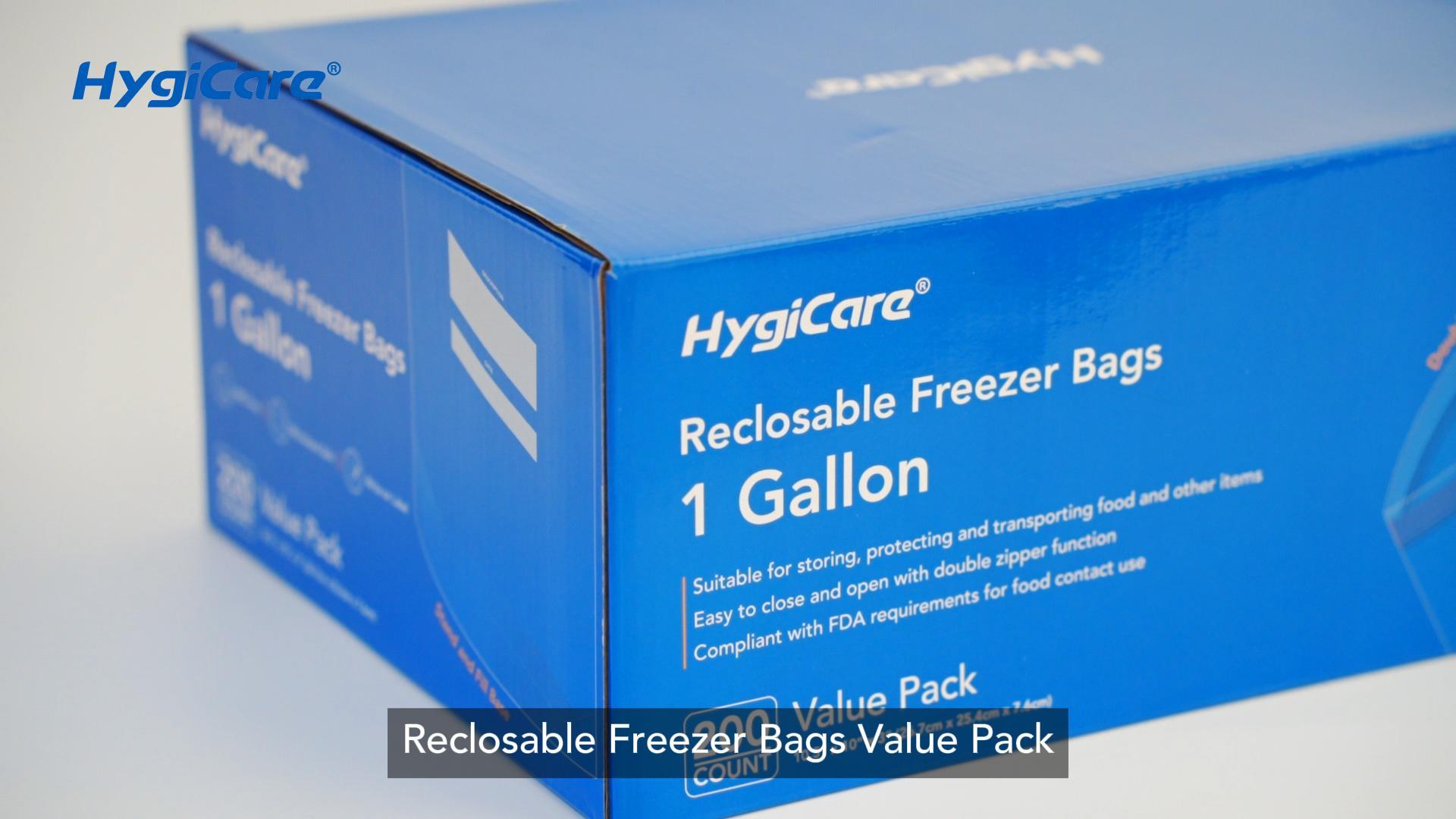 thumbnail video image 2 of HygiCare 1 Gallon Freezer Bags, Write-on Label, Stand & Fill Base, Double Zipper Closure, Easy to Close and Open, 200 Count, 2 of 8