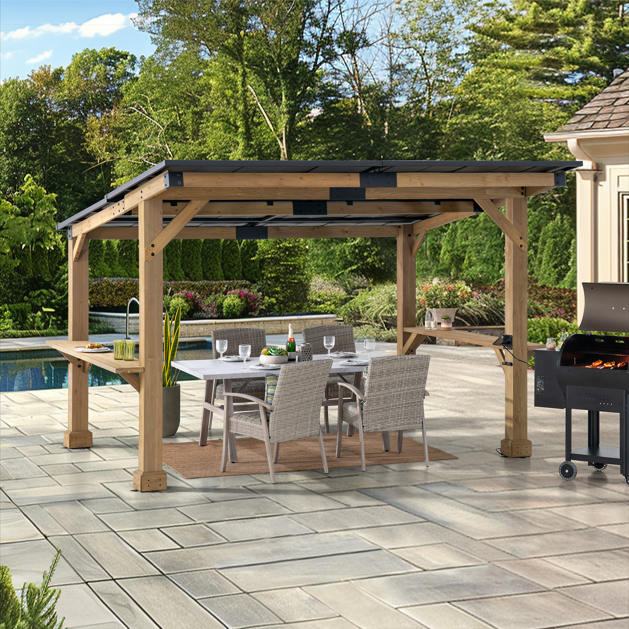 thumbnail video image 2 of Sunjoy 10’ x 12’ Gazebo Outdoor/Patio with Wooden Frame, Steel Roof, Power Port and Bar Shelves, 2 of 11