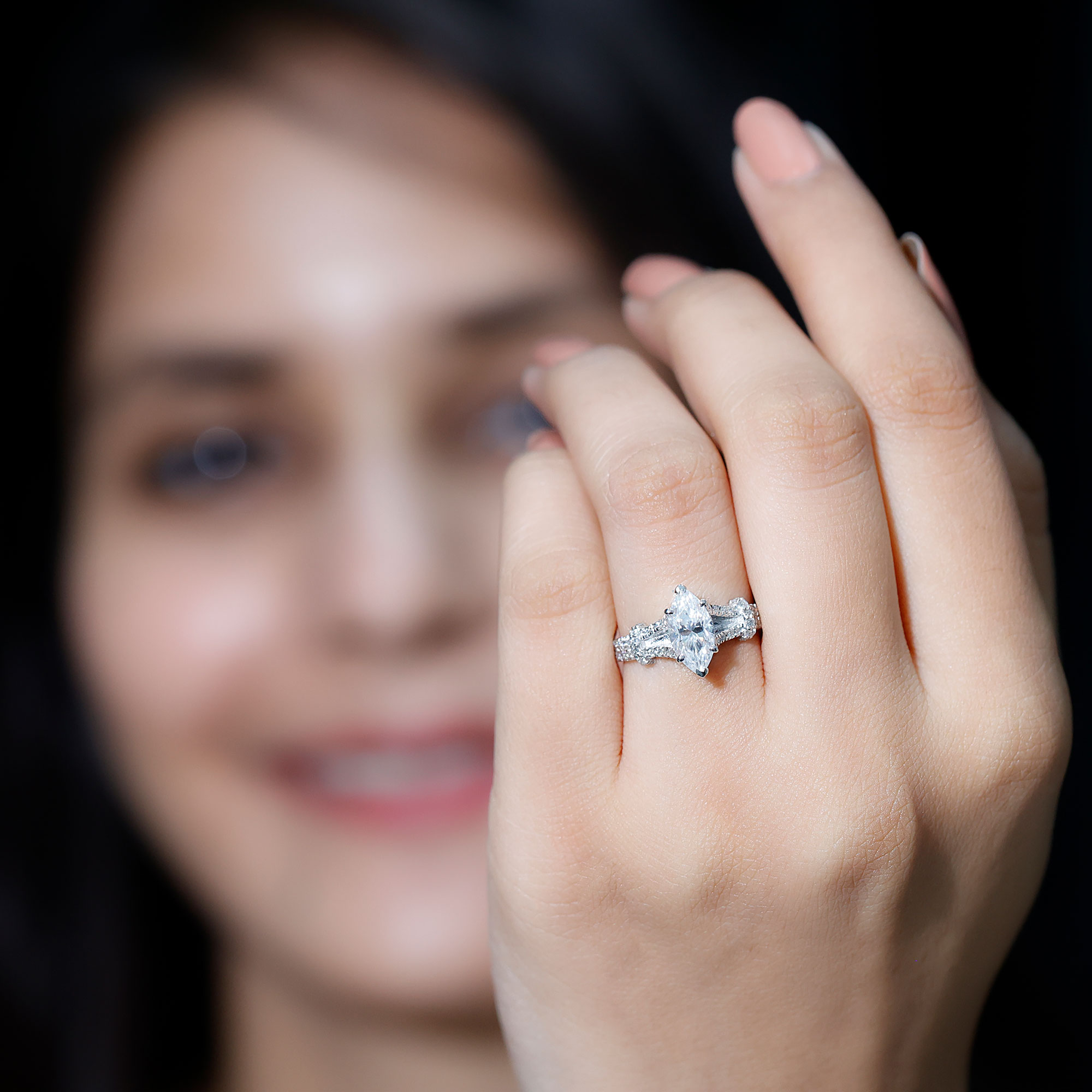 thumbnail video image 2 of Rosec Jewels Lab Created Diamond Ring - Marquise Engagement Ring Designer - 5x10 mm - EF-VS Grade, 925 Sterling Silver, US 4.00, 2 of 9