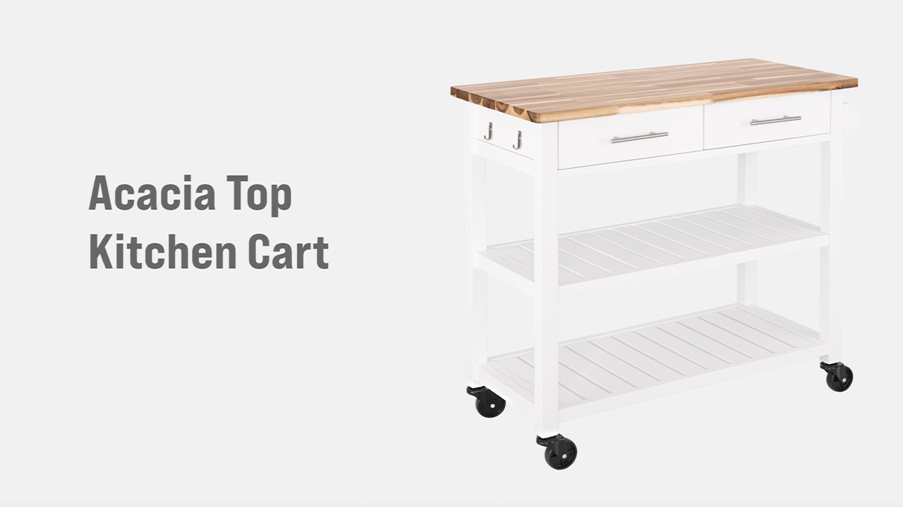 thumbnail video image 2 of Seville Classics Acacia Wood Top Work Table Island Cart, White, 38.6" W x 18.5" D, 2 of 13