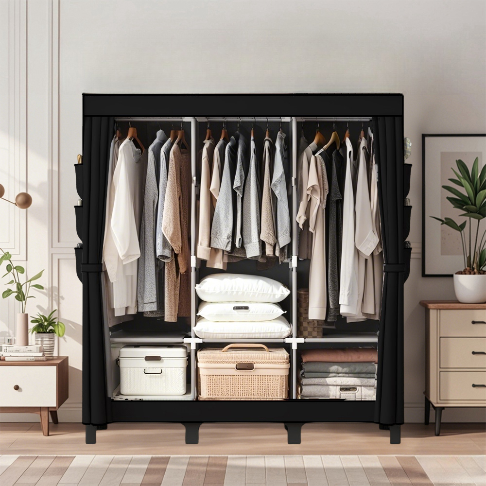 thumbnail video image 2 of LISHBIE Portable Closet, Portable Wardrobe for Hanging Clothes, with 3 Hanging Rods, 6 Storage Shelves and 18 Side Pockets, Black Closet, Easy to Assemble, Sturdy and Stable, 2 of 10
