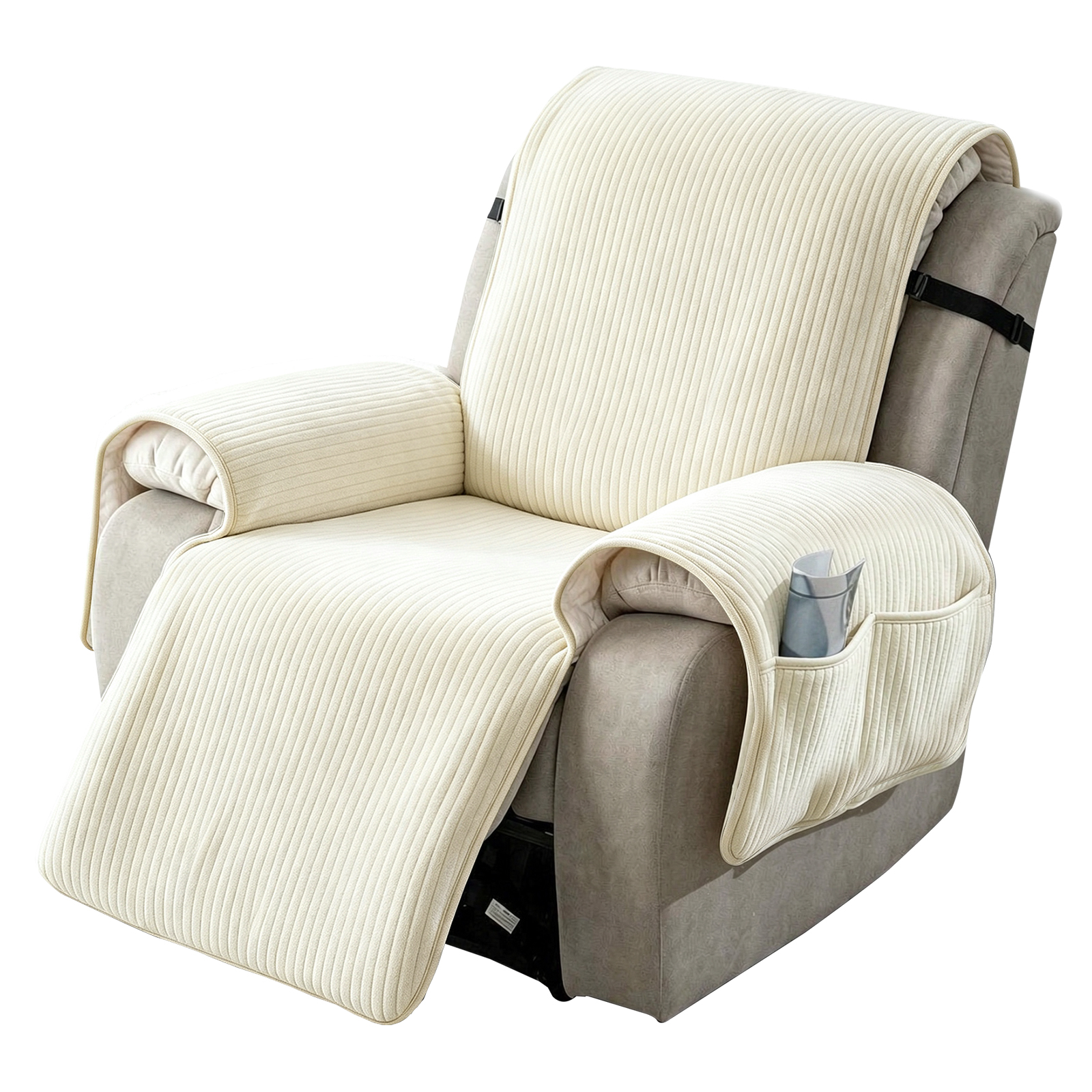 thumbnail video image 2 of Lavish Cover 28in Recliner Cover Slipcover, Gray Green Soft Striped Sofa Protector with Pockets, Non-Slip Armchair Cover for Living Room, 2 of 8