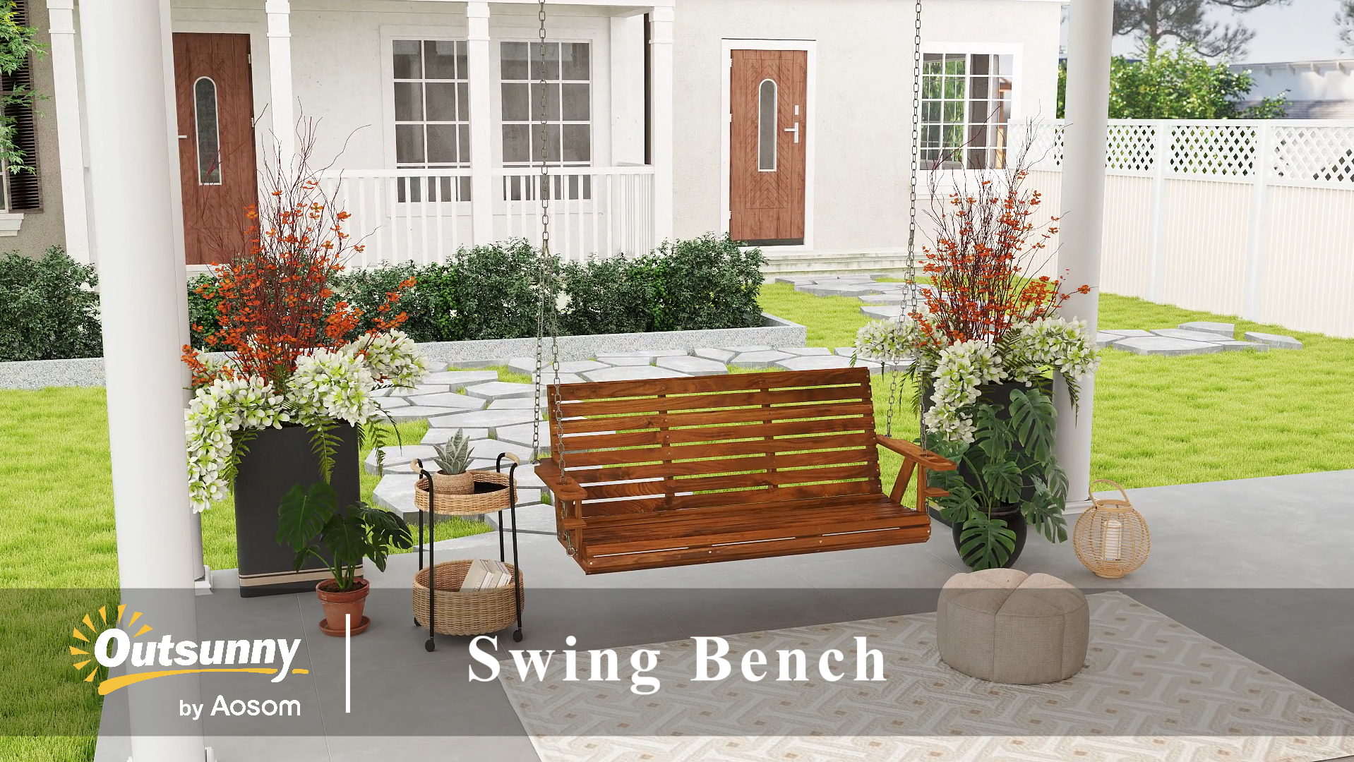 thumbnail video image 2 of Outsunny Wooden Porch Swing 3-Seater, 5 FT Outdoor Patio Swing Bench with Cupholders, Carbonized, 2 of 10
