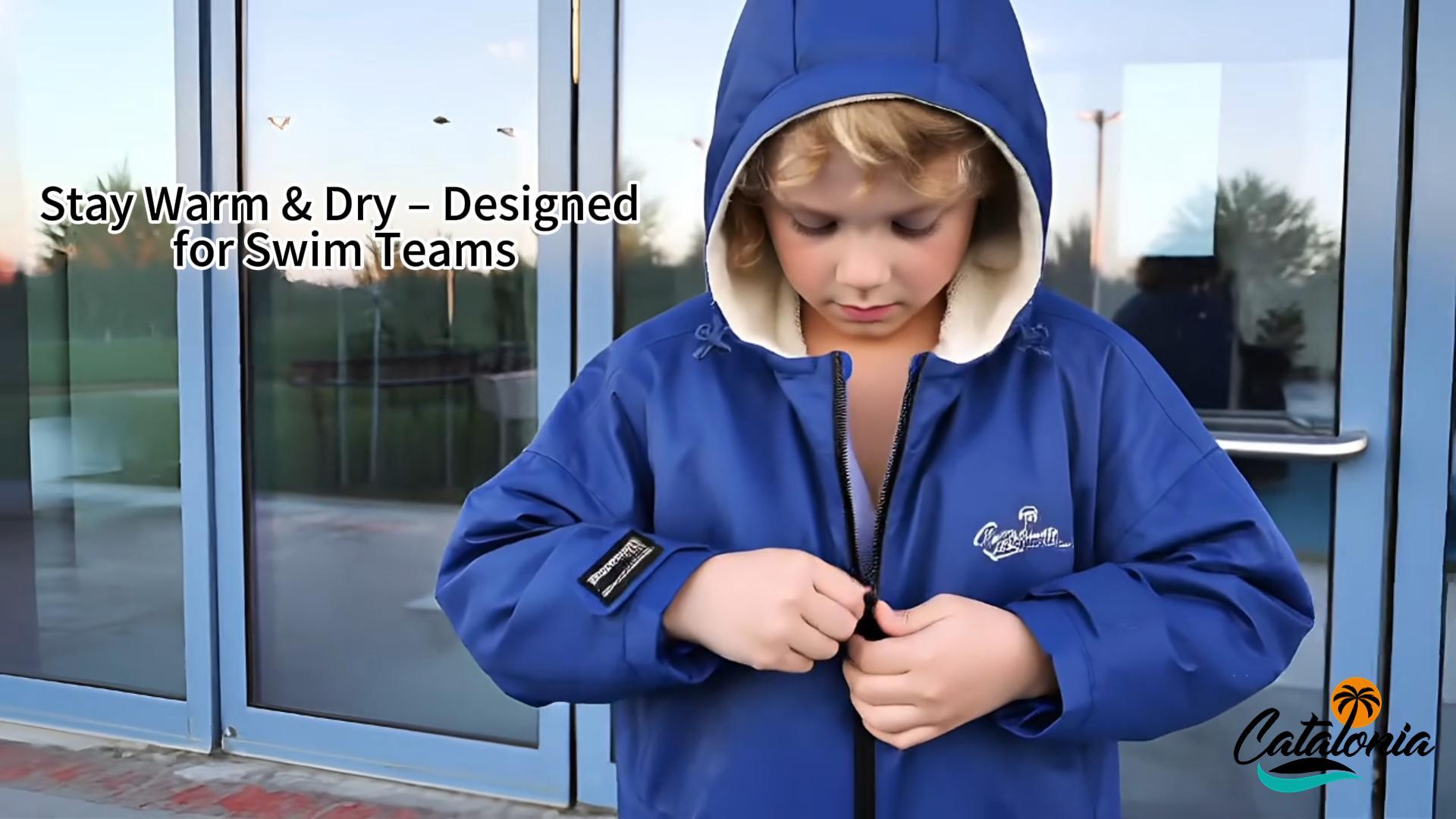 thumbnail video image 2 of Catalonia Swim Parka Kids with Hood, Lightweight Youth Surf Swim Jacket, Waterproof & Warm Sherpa Lined Swim Coat for Boys Girls, Changing Poncho Robe for Pool Beach Stadium, Blue, 9-13 Years, 2 of 8