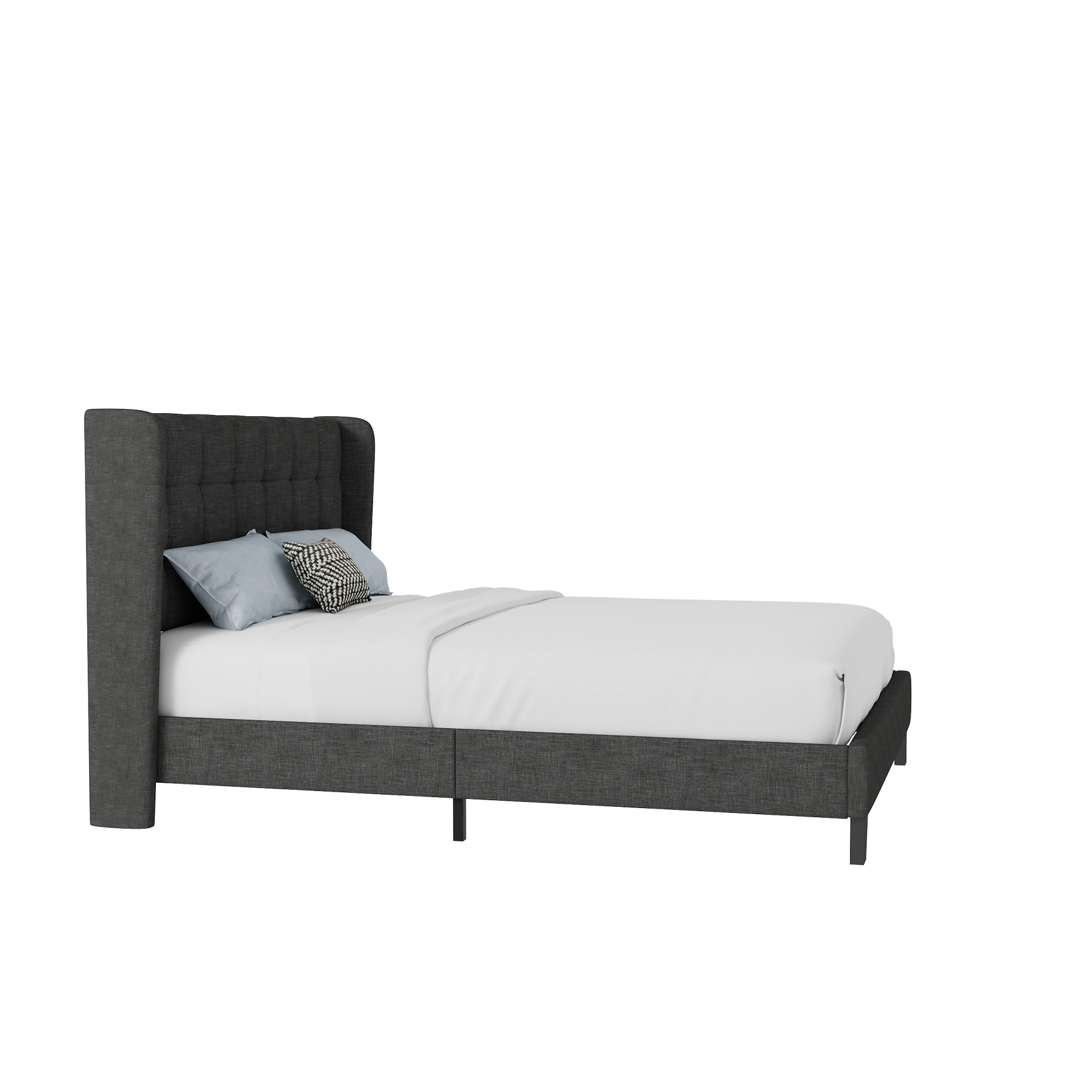 Einfach King Size Platform Bed Frame with Square Stitched Wingback  Headboard, Dark Grey