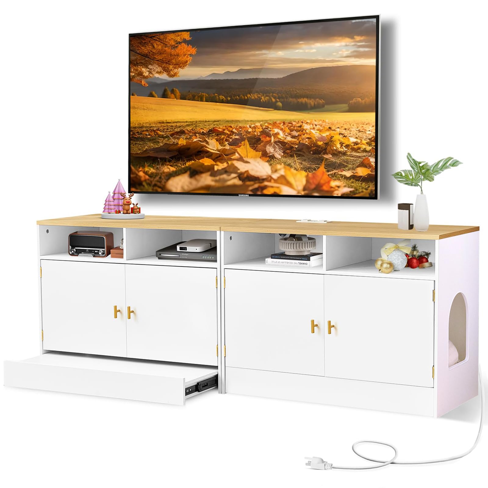 thumbnail video image 2 of JanflyHome Litter Box Furniture for 2 Cats, 63" Cat Litter Box Enclosure TV Stand Cabinet with Power Outlet, Storage and Sliding Bottom Easy Clean, White & Walnut, 2 of 9