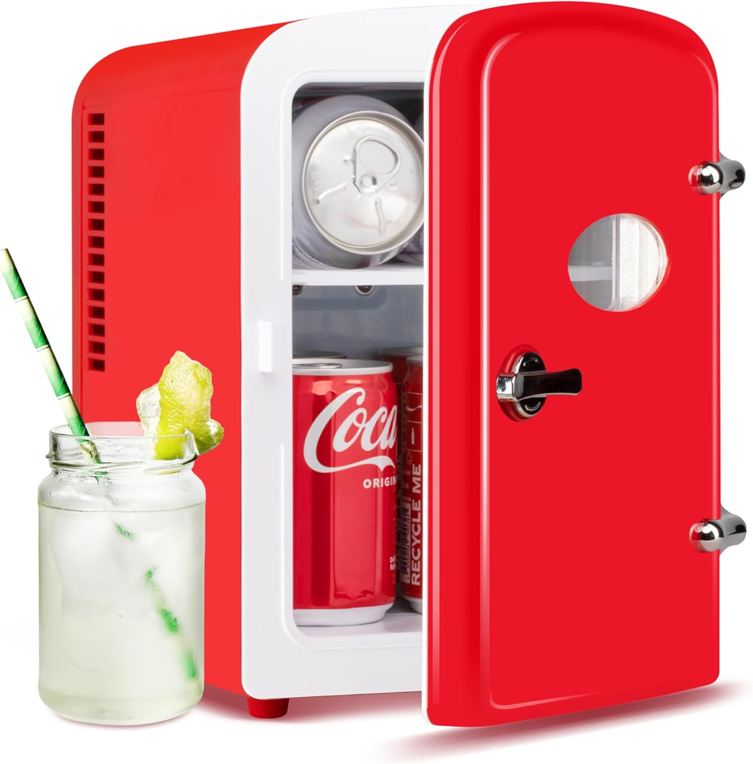thumbnail video image 2 of Simple Deluxe 4L/6 Can Mini Fridge with Observation Window, Portable Cooler & Warmer Freon-Free Small Refrigerator, Provide Compact Storage for Skincare, Beverage, for Bedroom, Office, Dorm, Red, 2 of 8