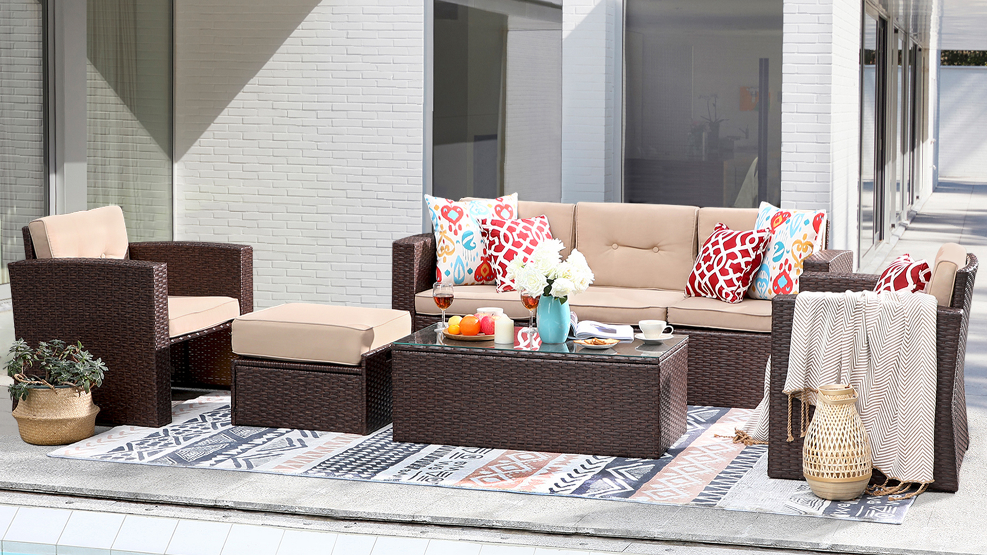 thumbnail video image 2 of JOIVI 7 Piece Patio Furniture Set, PE Wicker Outdoor Conversation Set with Coffee Table, Patio Sectional Sofa Couch with Ottoman, Pillows, for Yard, Garden, Deck, 2 of 11