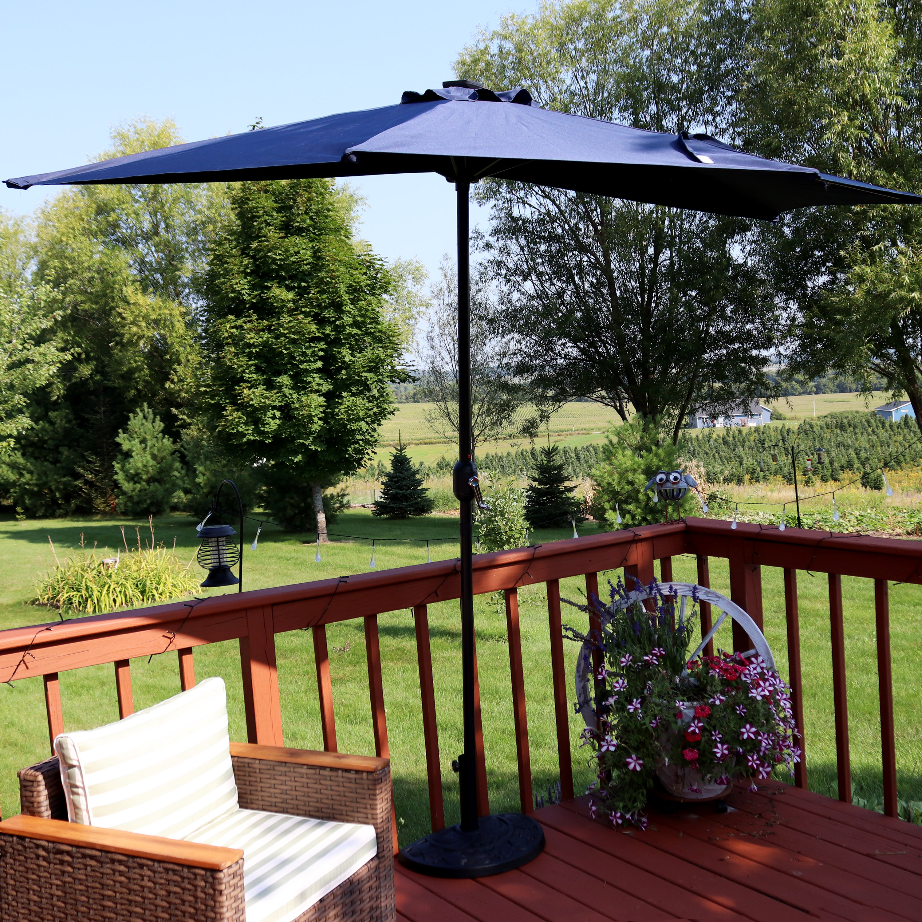 thumbnail video image 2 of Sunnydaze 95.5" Navy Blue Solid Half-Octagon Wall Umbrella with Solar LEDs, 2 of 12