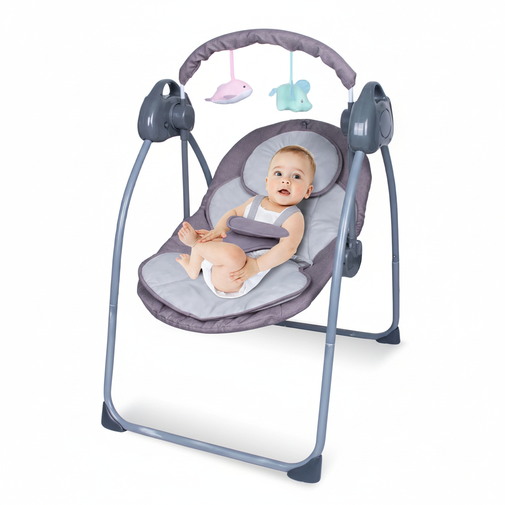 thumbnail video image 2 of JieC Electric Baby Swing, Foldable Infant Bouncer Cradle with 5-Point Safety Harness,Bluetooth Control, Gray, 2 of 11