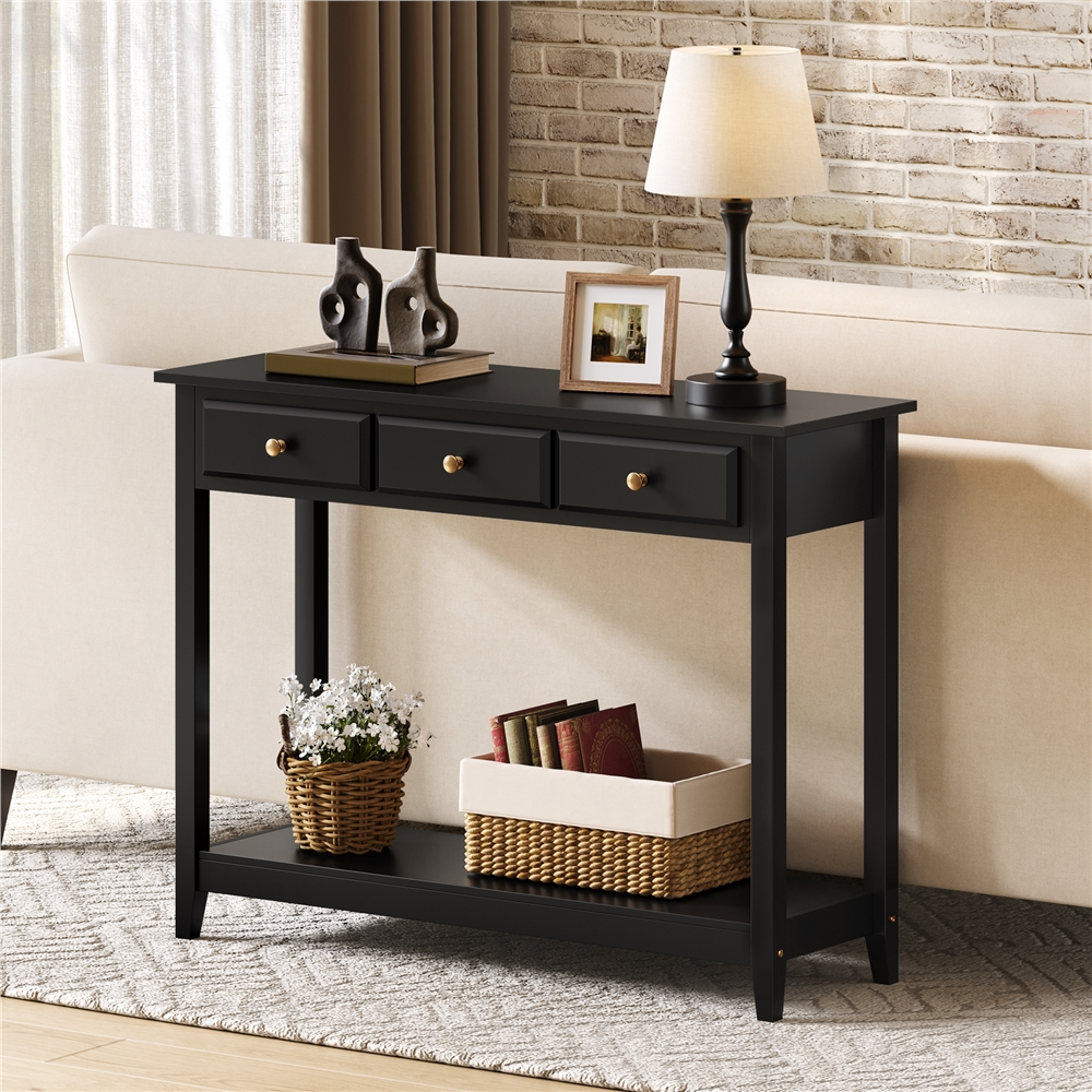 thumbnail video image 2 of Alden Design 3-Drawer Wooden Console Table with Storage Shelf for Entryway, Black, 2 of 9