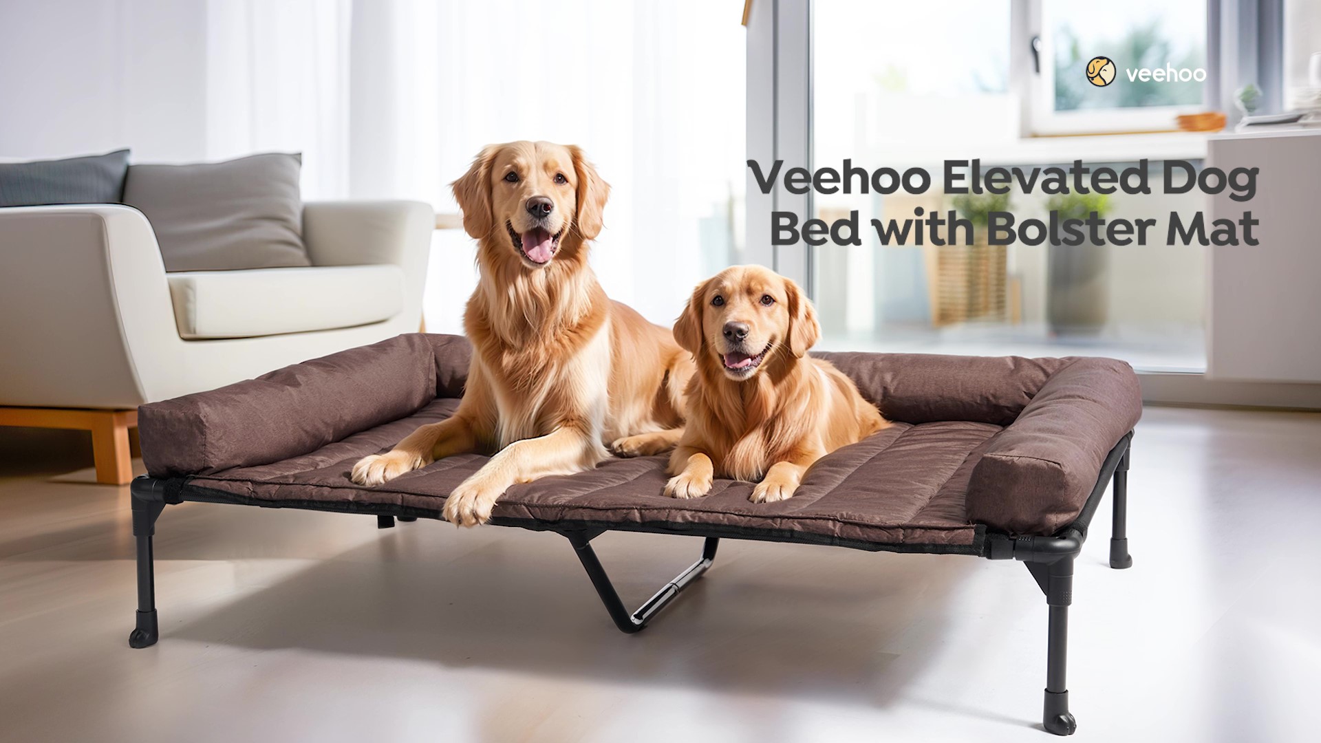 thumbnail video image 2 of Veehoo Cooling Elevated Dog Bed + Waterproof Removable Pillow-Top Mat, XLarge, Beige Coffee, 2 of 8