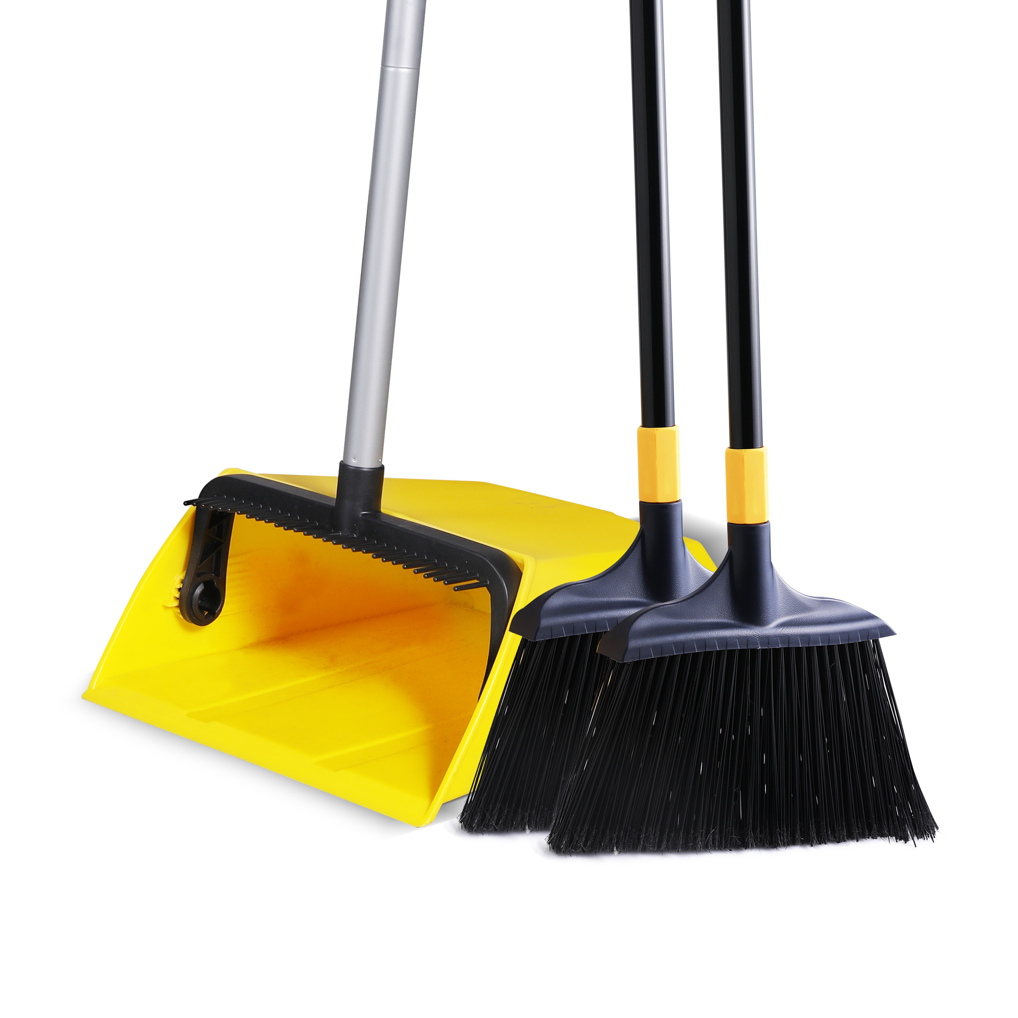 thumbnail video image 2 of Yocada 2+1 Broom & Dustpan Set, Built-in Comb, Long Handle, 3-Layer Stiff Bristles for Home & Commercial Use, 2 of 9