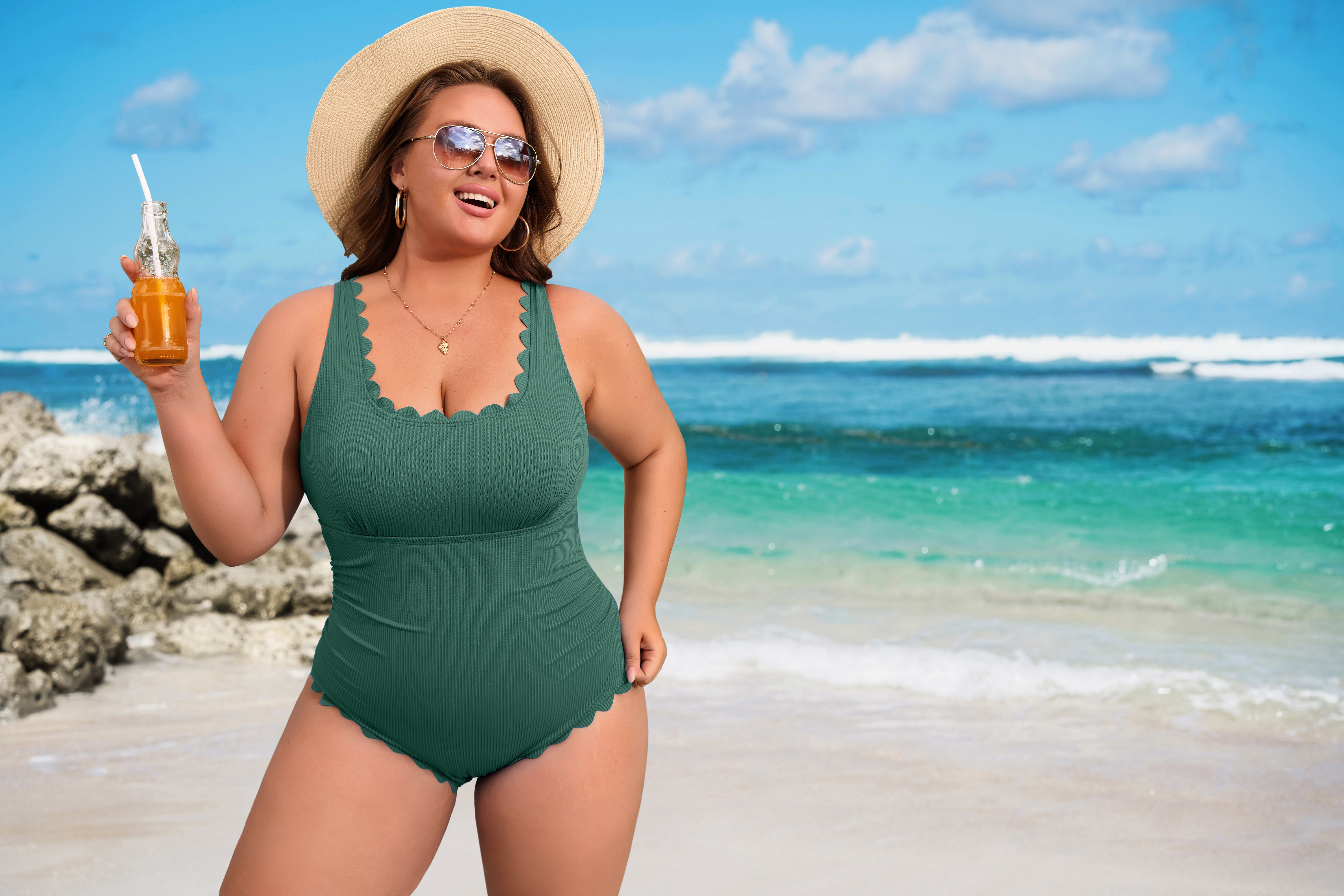 thumbnail video image 2 of Asoul Plus Size Ribbed Swimsuit for Womens One Piece Scalloped Swimwear Tummy Control Bathing Suits, 2 of 7