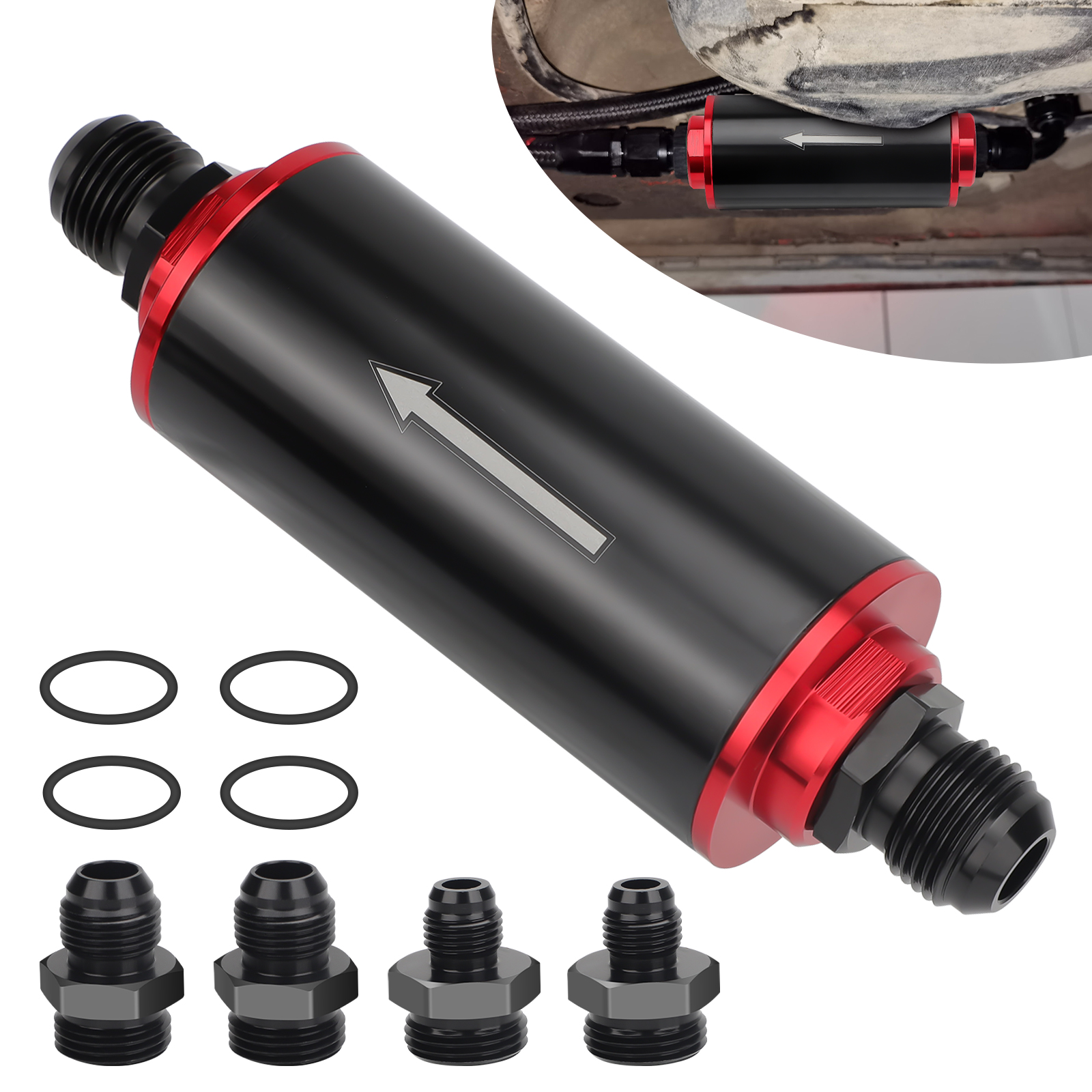 thumbnail video image 2 of 2/1pcs Aluminum Inline Fuel Filter 50MM 100 Micron with 6AN 8AN 10AN Adapter For Filtering Gasoline, Diesel, 2 of 8