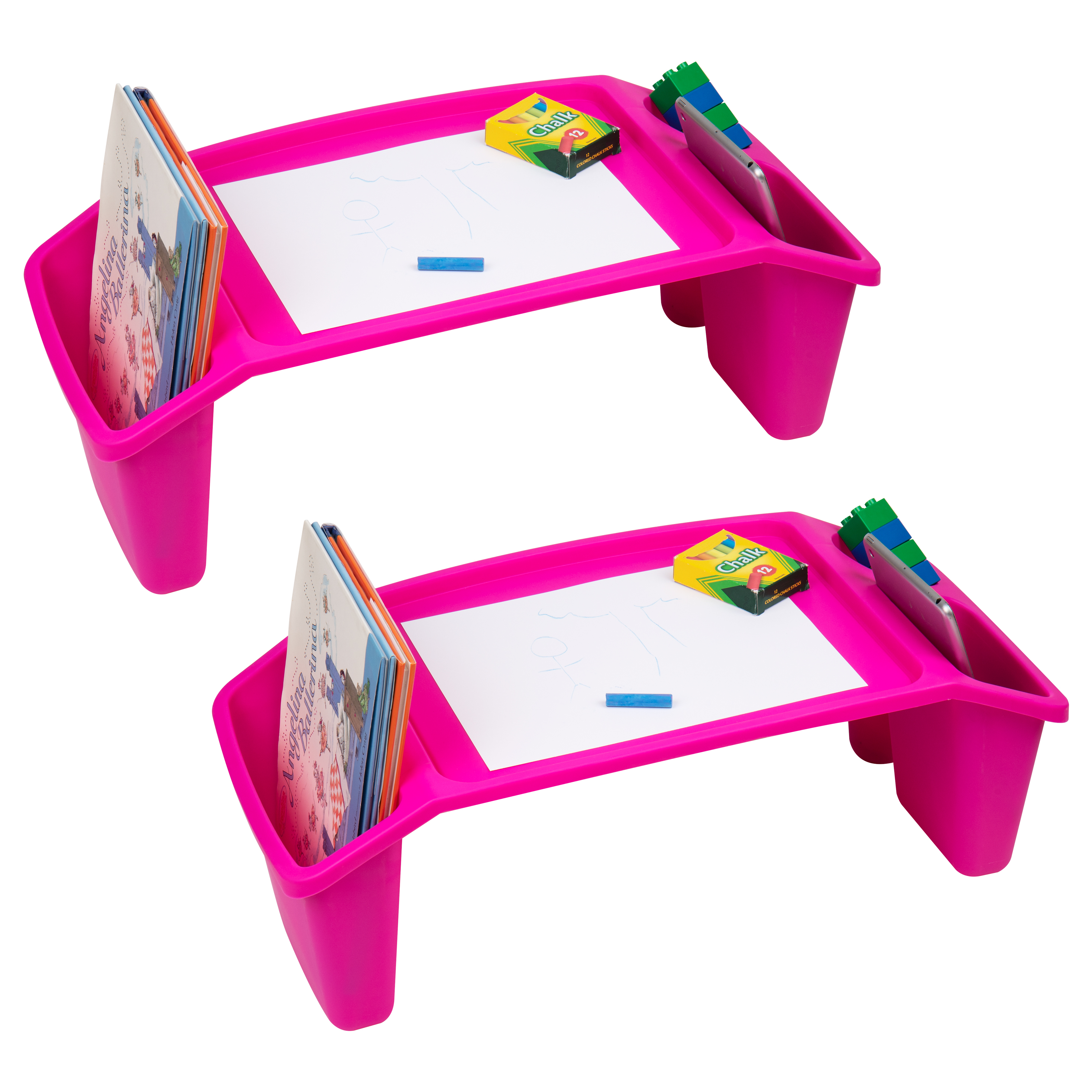 thumbnail video image 2 of Mind Reader Kids Lap Desk, Set of 2, Activity Tray, Drawing, Stackable, Portable, Plastic, Pink, 2 of 9
