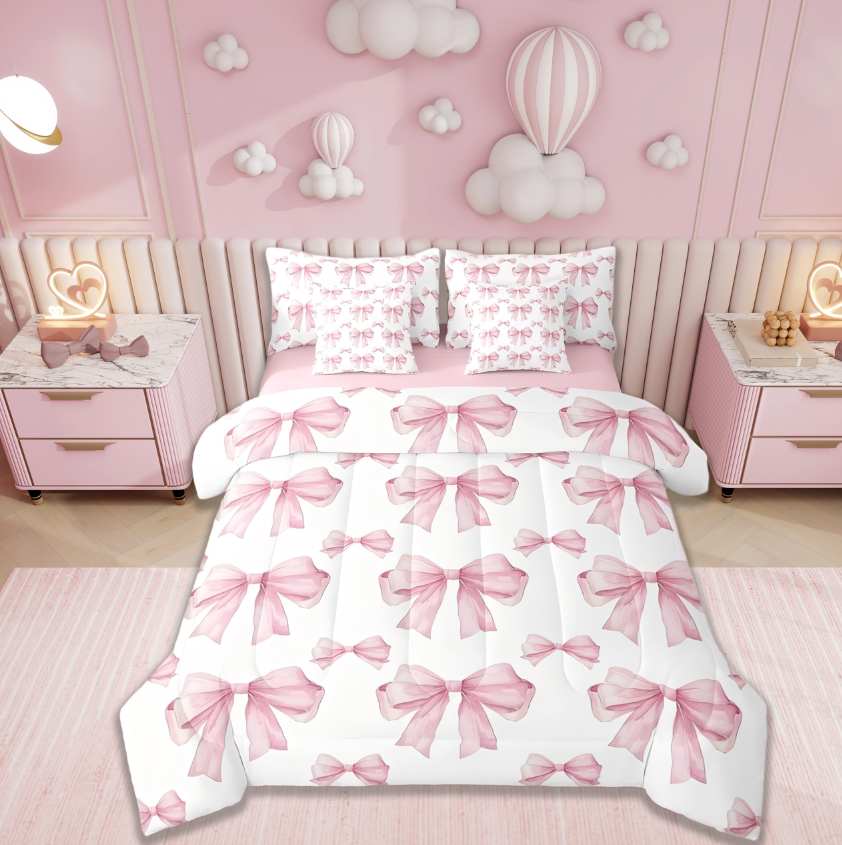 thumbnail video image 2 of Manfei Pink Bowknot Kids 7-Piece Twin Bedding Sets,Dreamy Princess Style Girls Bedding Comforter Set For Women,Girly Bow Tie Bed Set Reversible, 2 of 10