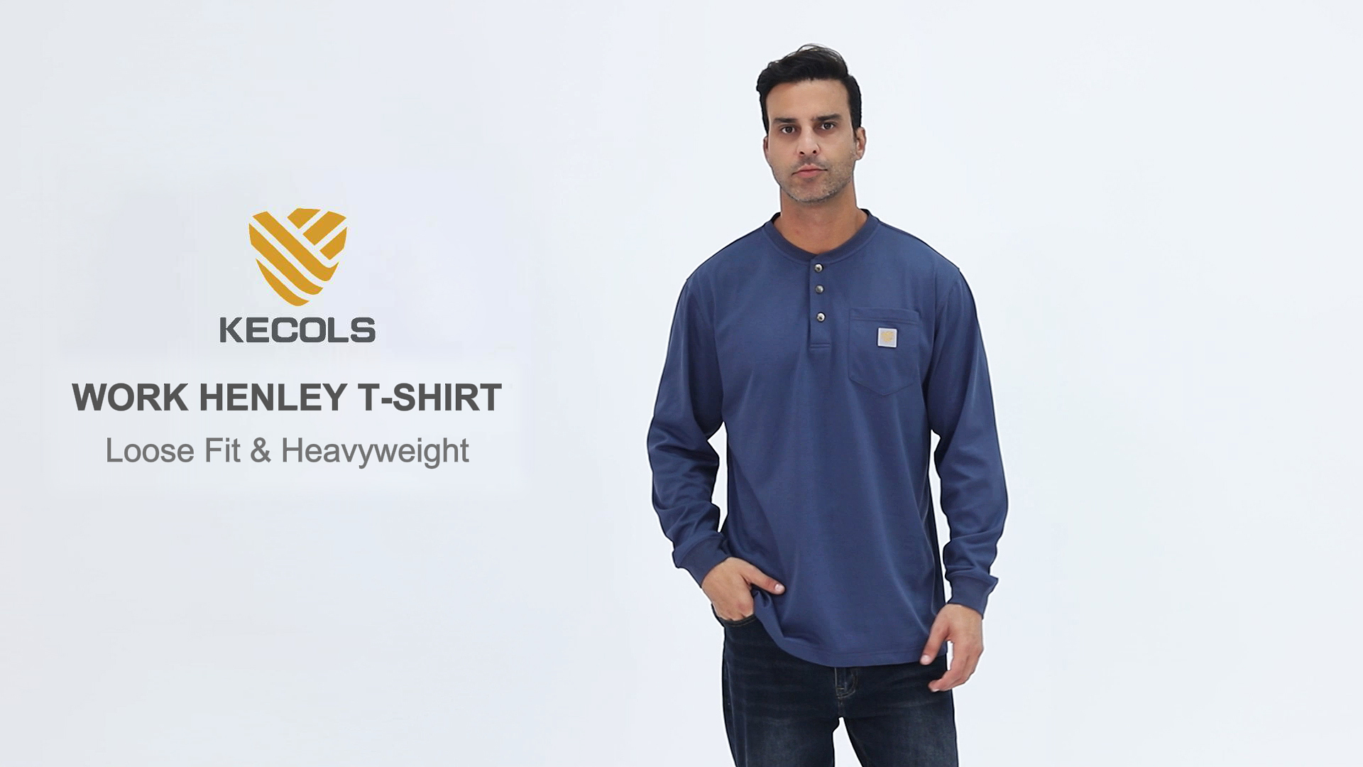 thumbnail video image 2 of Men's Loose Fit Heavyweight Work Long Sleeve Henley T-Shirts Workwear Pocket Tee(Regular&Tall), 2 of 9
