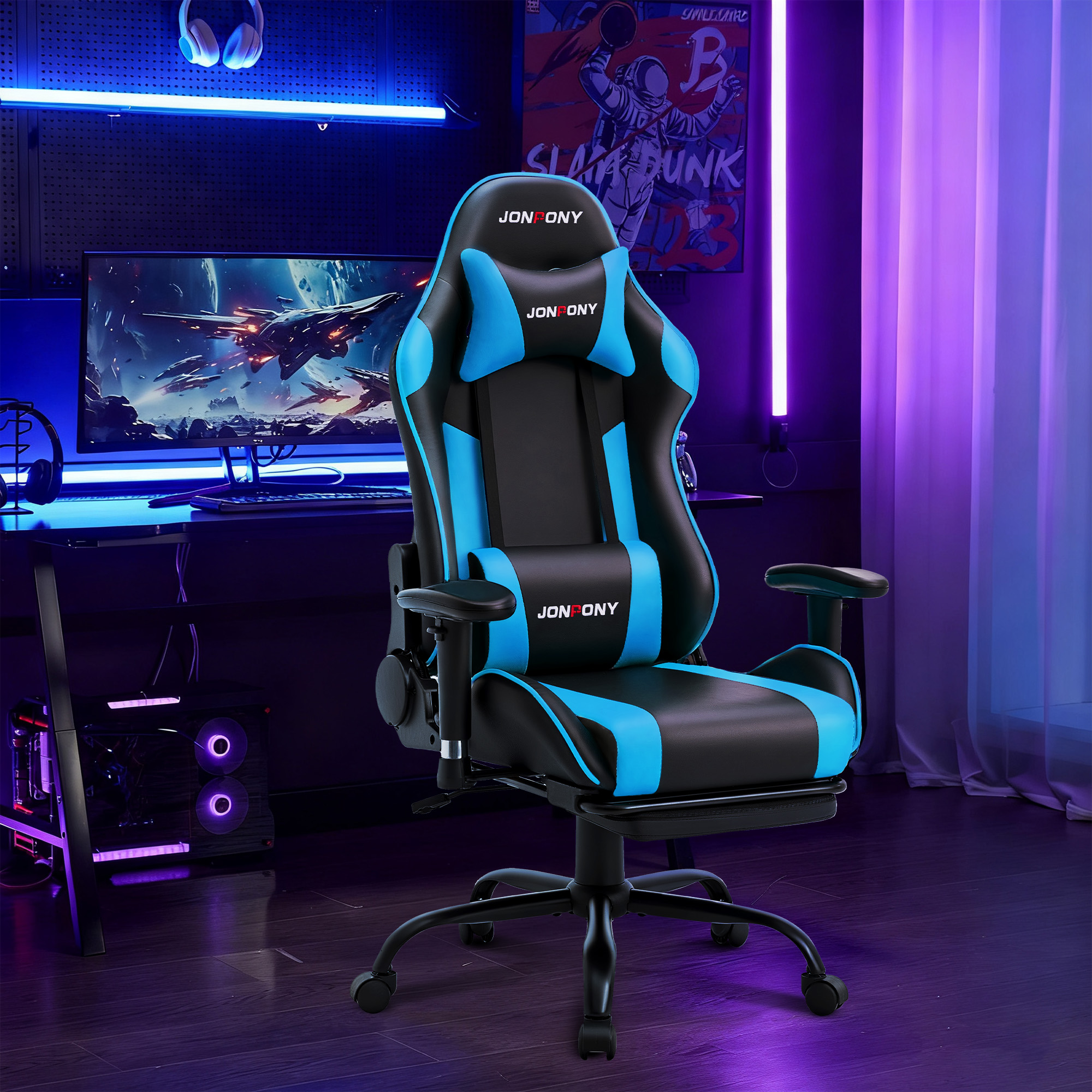 thumbnail video image 2 of JONPONY Game Chair,Ergonomically Designed Computer Chair with headrest and 2D Armrests,with Footrest and Lumbar Support,High Back Office Chair Support 8 Hours Long Sitting,Computer Chair,BLUE, 2 of 8