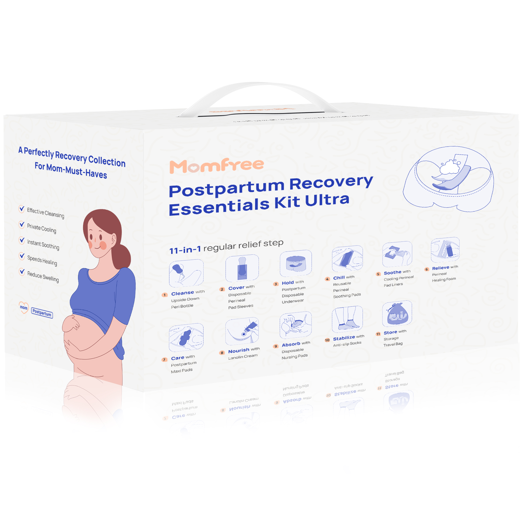thumbnail video image 2 of Momfree Postpartum Recovery Kit, 11 Piece, Peri Bottle, Maxi Pads, Nursing Pads, Disposable Underwear, Witch Hazel Liners, Lanolin Cream, Hospital Bag, 2 of 13