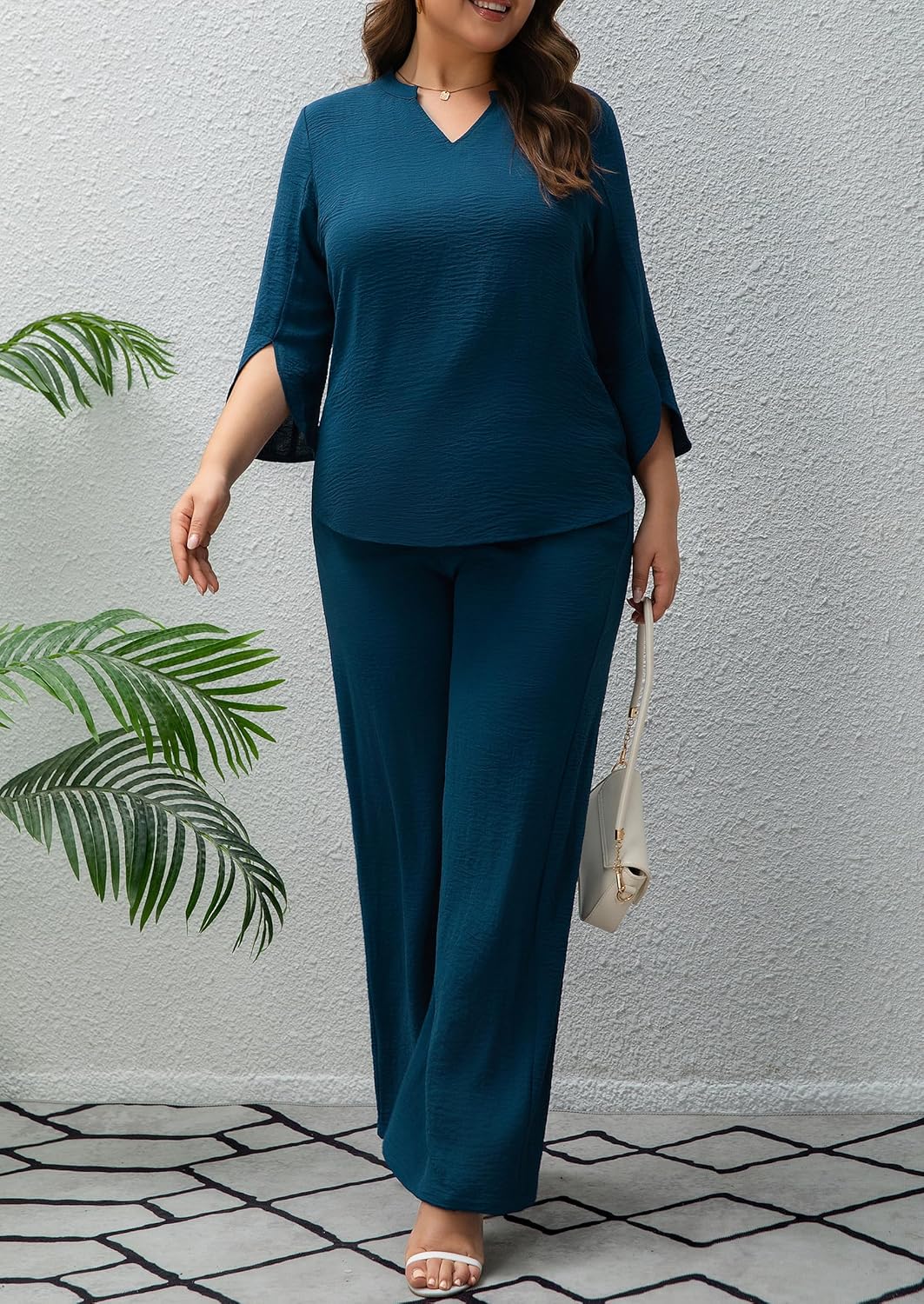 thumbnail video image 2 of AURA Plus Size Pants Suits for Women Dressy 2 Piece Sets with 3/4 Sleeve Top Wide Leg Pants for Work & Daily Wear, 2 of 8