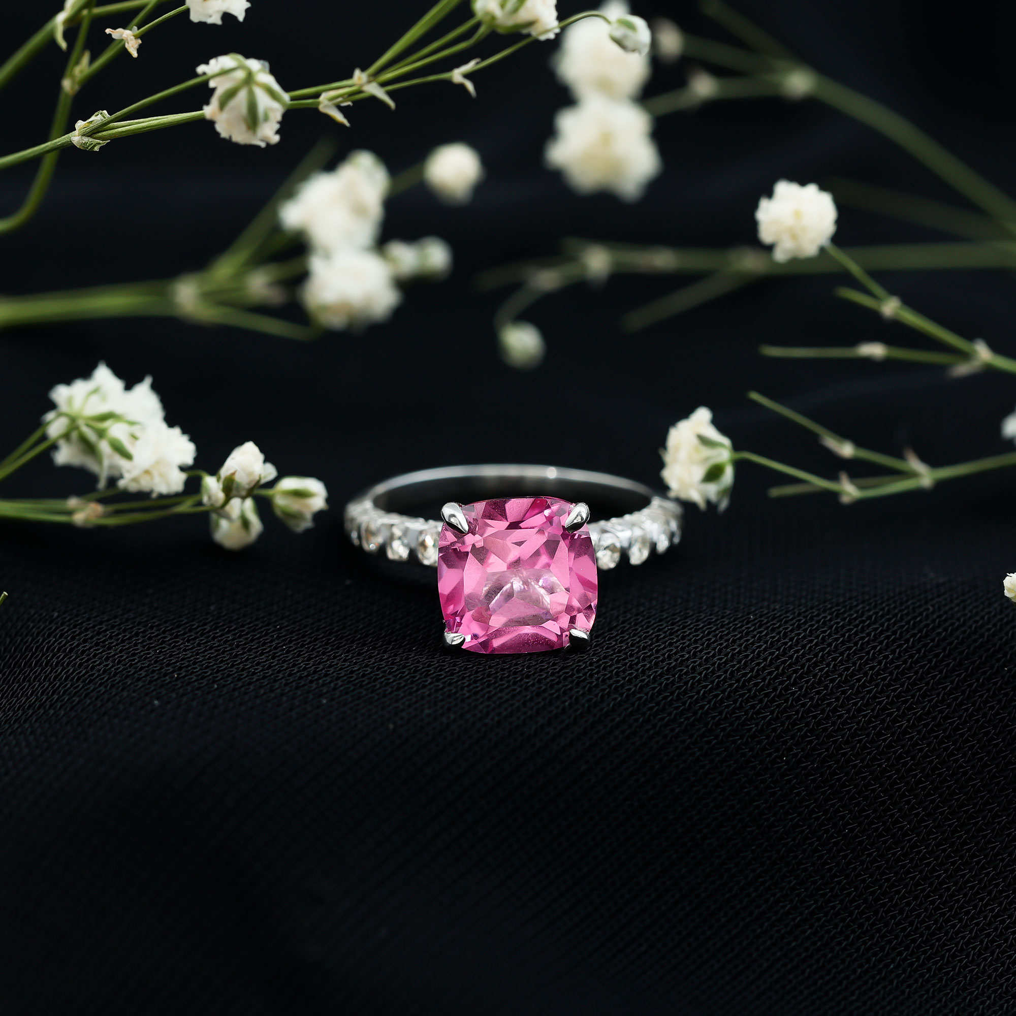 thumbnail video image 2 of Rosec Jewels Cushion Cut Created Pink Sapphire Solitaire Ring with Diamond - 8 mm, 10K Yellow Gold, US 3.00, 2 of 8