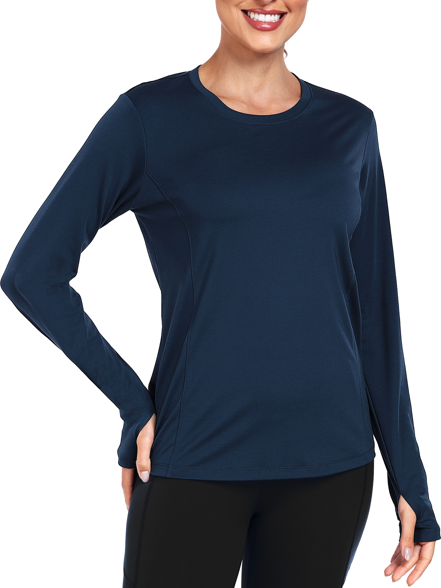 thumbnail video image 2 of Cadmus Women's Quick Dry Long Sleeve Shirts Athletic Yoga Tops Casual Sun Protection Running Shirt with Thumb Hole,Navy,Medium, 2 of 6