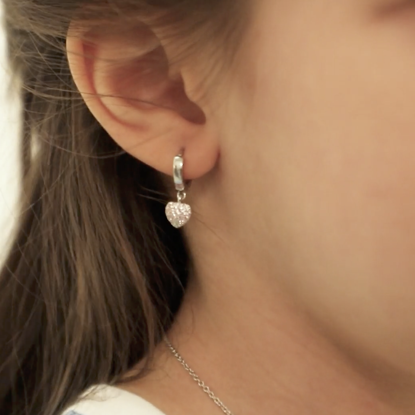 thumbnail video image 2 of 925 Sterling Silver Girls Small Hoop Purple CZ Heart Dangle Earrings Toddler, 2 of 7