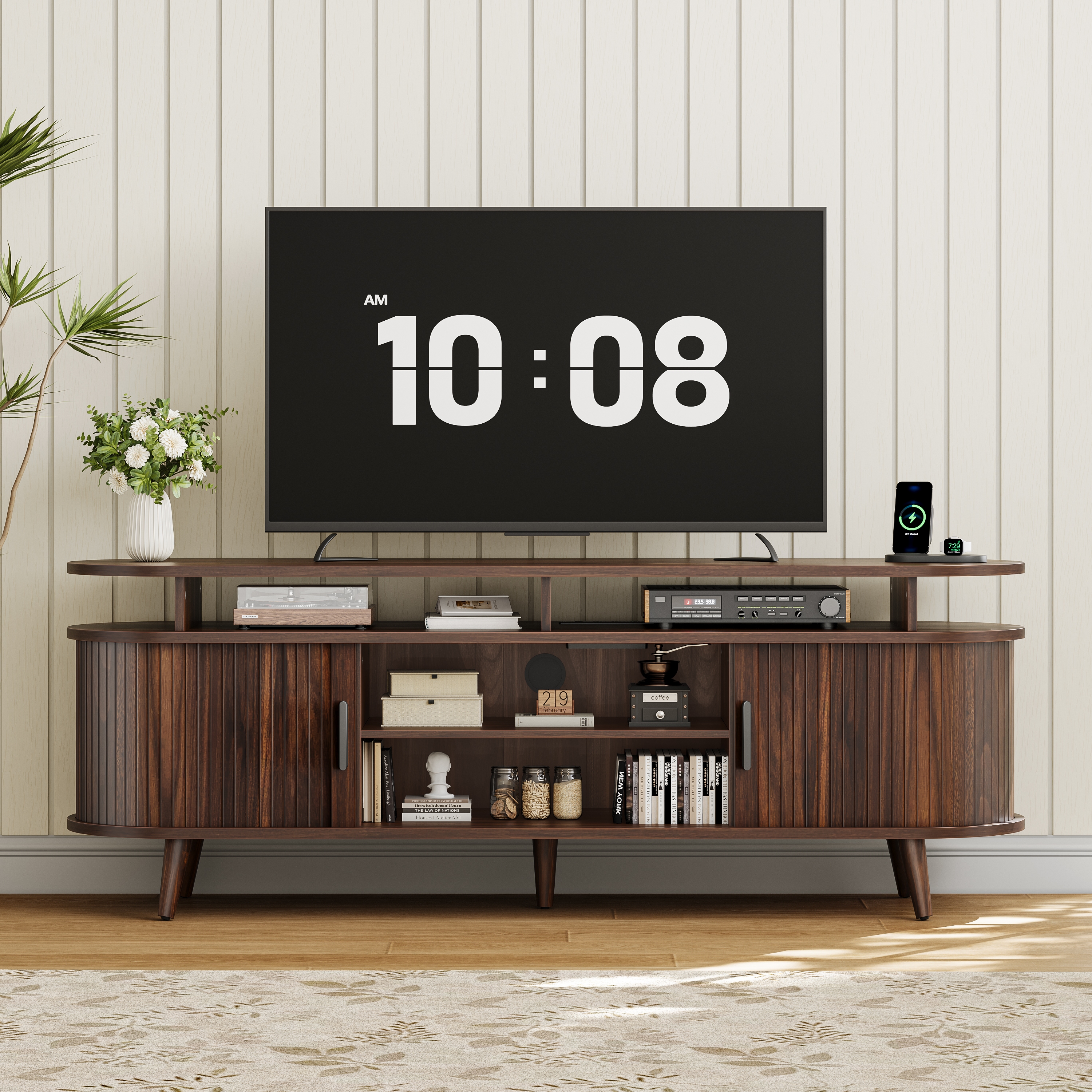 thumbnail video image 2 of GUNAITO TV Stand for TVs up to 70", Wood TV Stand for Living Room , Entertainment Center with Storage and Shelves, Mid-Century Modern, Walnut, 2 of 9