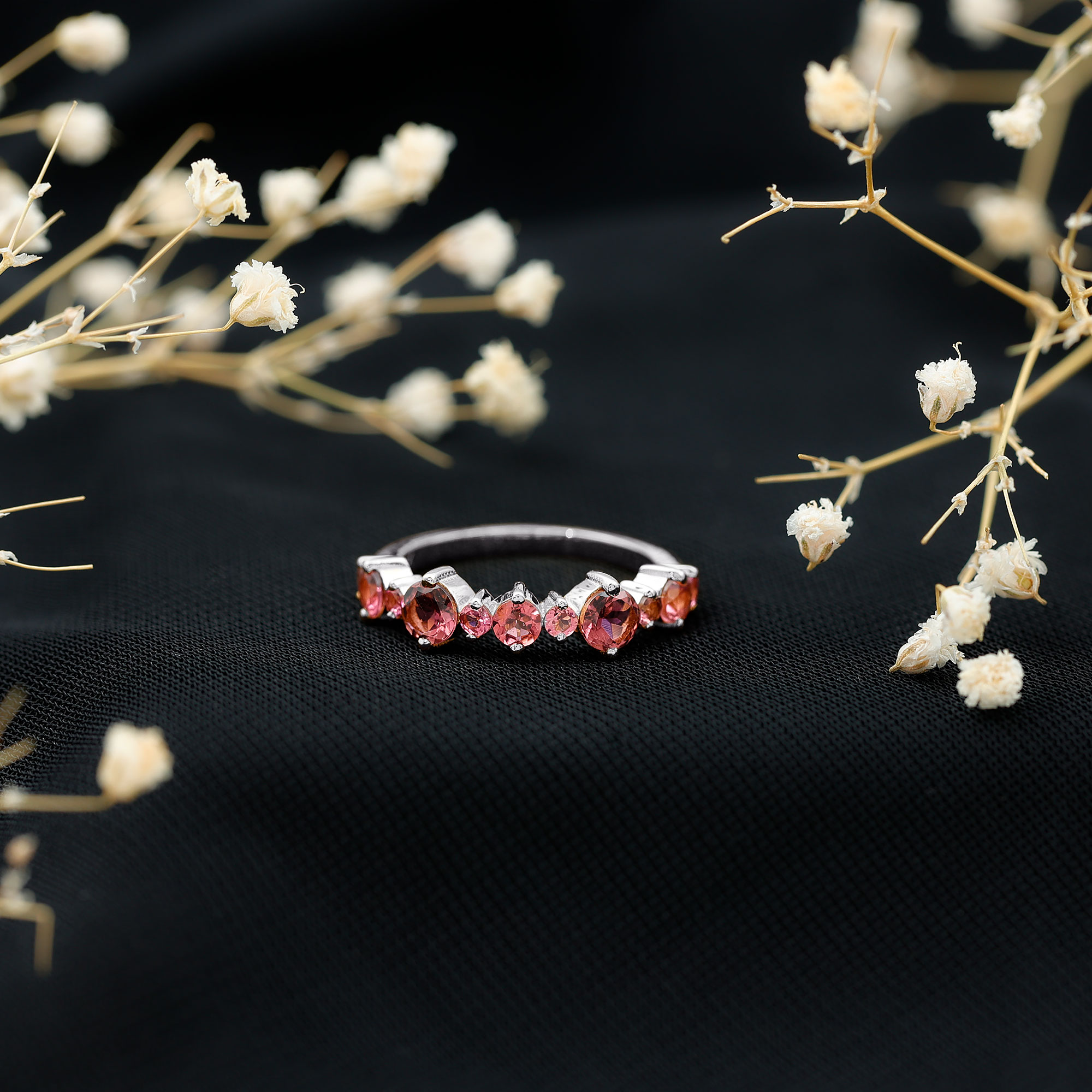 thumbnail video image 2 of Rosec Jewels Pink Tourmaline Wedding Half Eternity Band Ring, 14K White Gold, US 6.00, 2 of 9