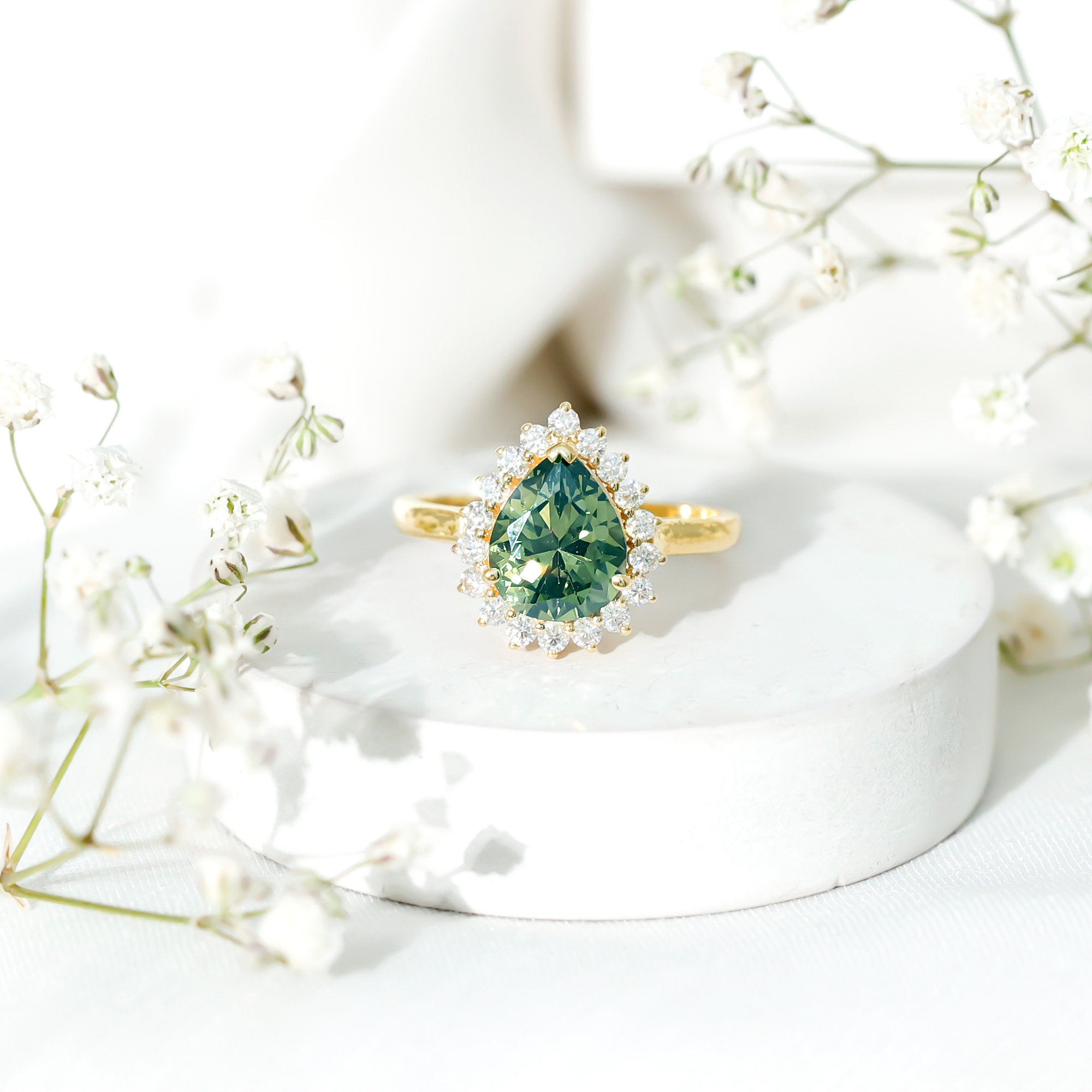 thumbnail video image 2 of Rosec Jewels Lab Grown Green Sapphire Teardrop Engagement Ring with Halo - 8X10 mm - Certified Sapphire Moissanite Ring for Women, 10K White Gold, US 11.00, 2 of 9