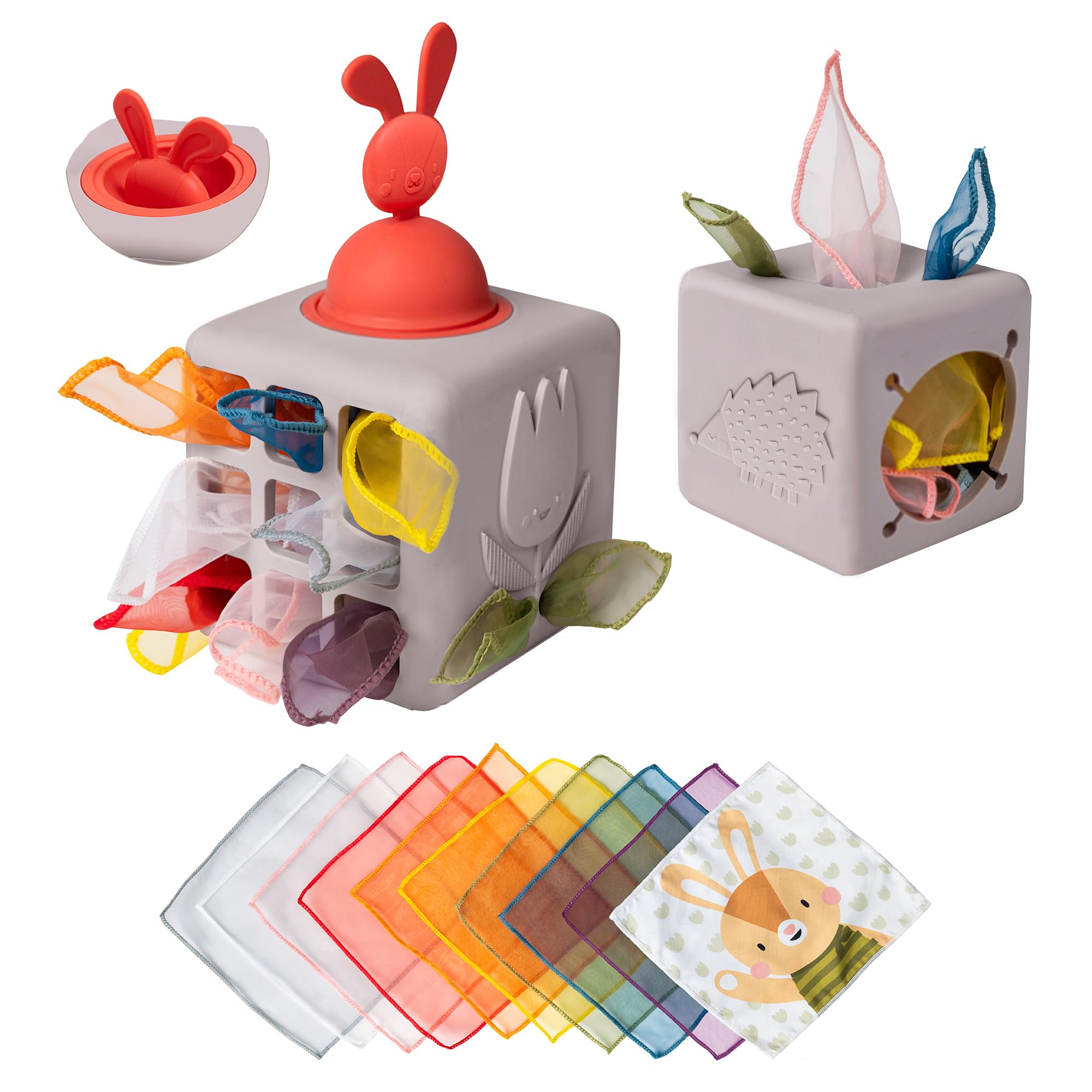 thumbnail video image 2 of Taf Toys Baby Tissue Box Toy Silicone Baby Toys 6-12 Months Montessori Toys Sensory Activity & 10 Tissues for Fine Motor Development soft Interactive Silicone Learning cube for 1 Year Old Toddlers, 2 of 10