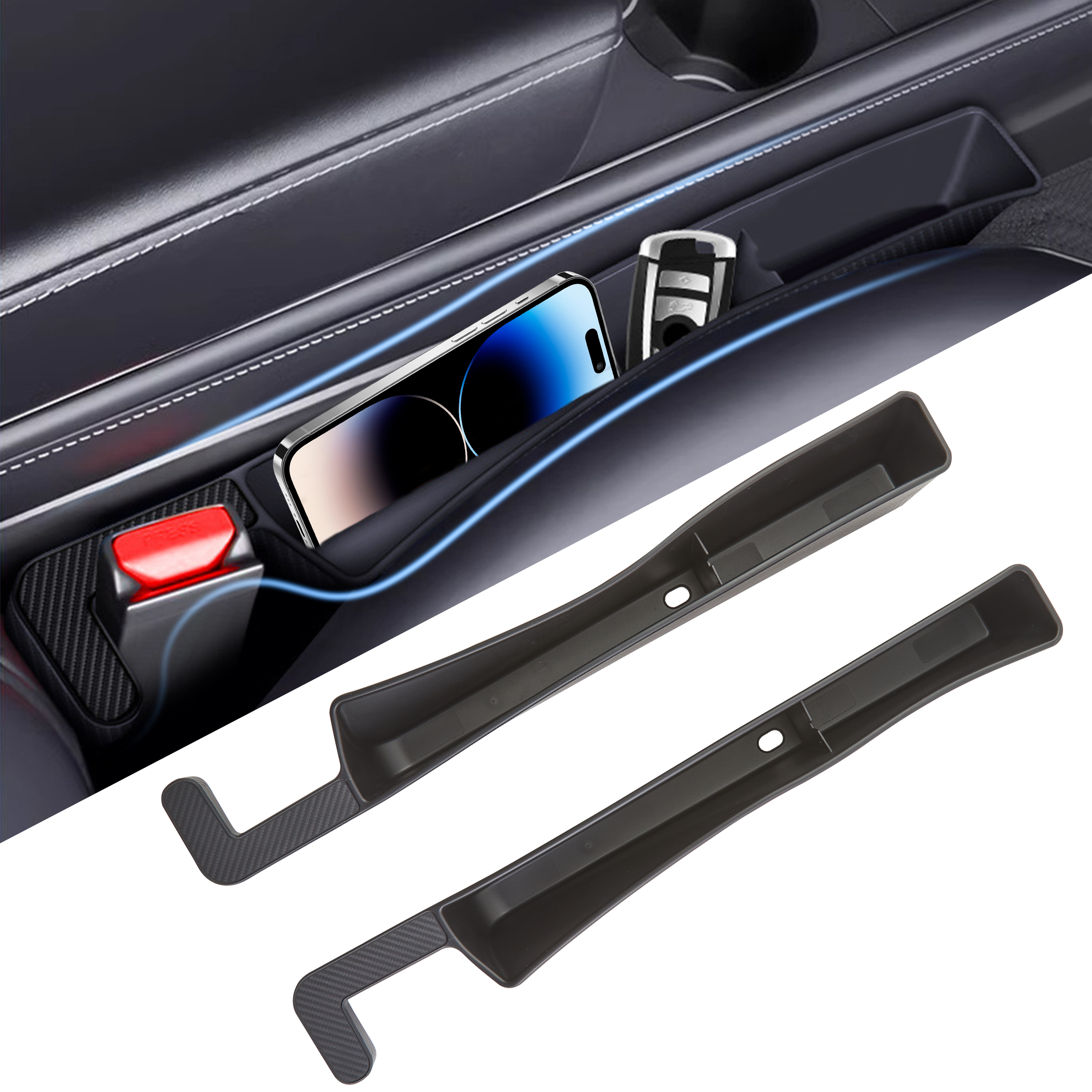 thumbnail video image 2 of Onekawa Car Seat Gap Filler, 2 Pack Car Seat Gap Plug, Car Seat Organizer Between Seats Console, Black, 2 of 8