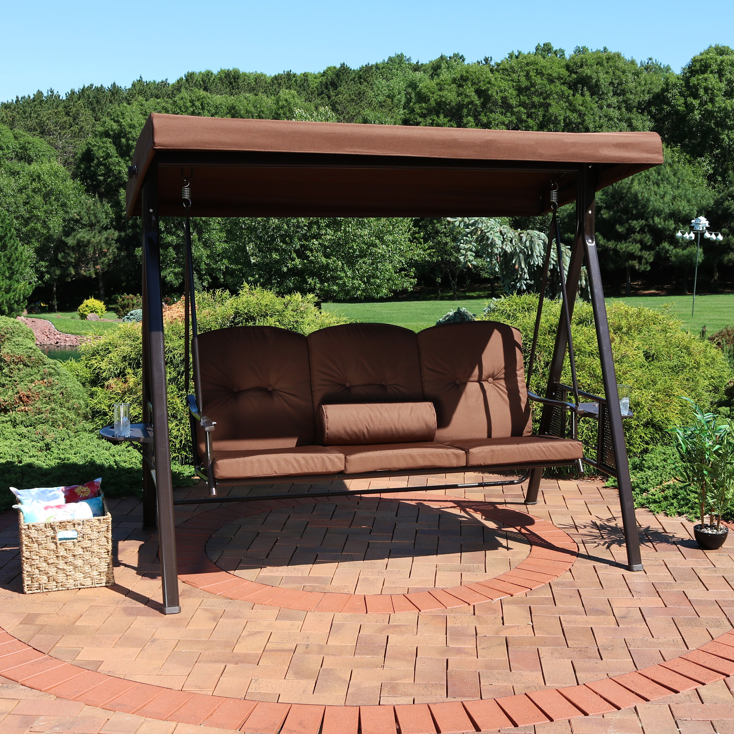 thumbnail video image 2 of Sunnydaze Steel 3-Person Patio Swing with Adjustable Tilt Canopy and Cushions, Beige, 2 of 9