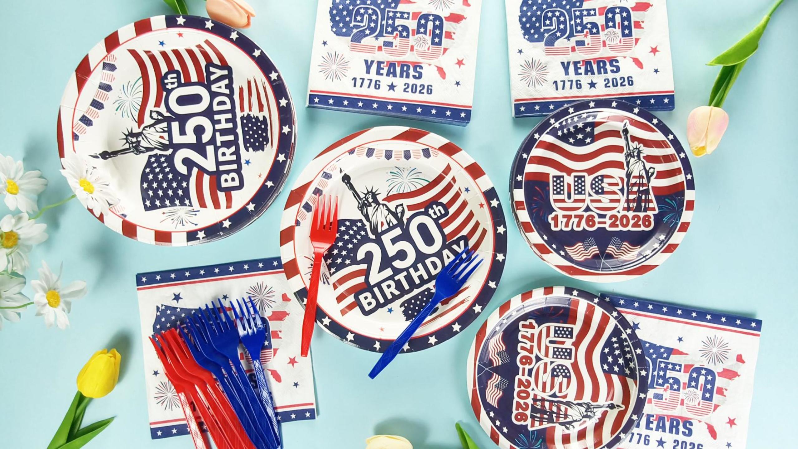 thumbnail video image 2 of 96PCS 4th of July Tableware Set for 24 Guests, USA 250th Patriotic Paper Plates and Napkins with Red Blue Forks, Disposable Party Supplies for BBQ Picnic, 2 of 8