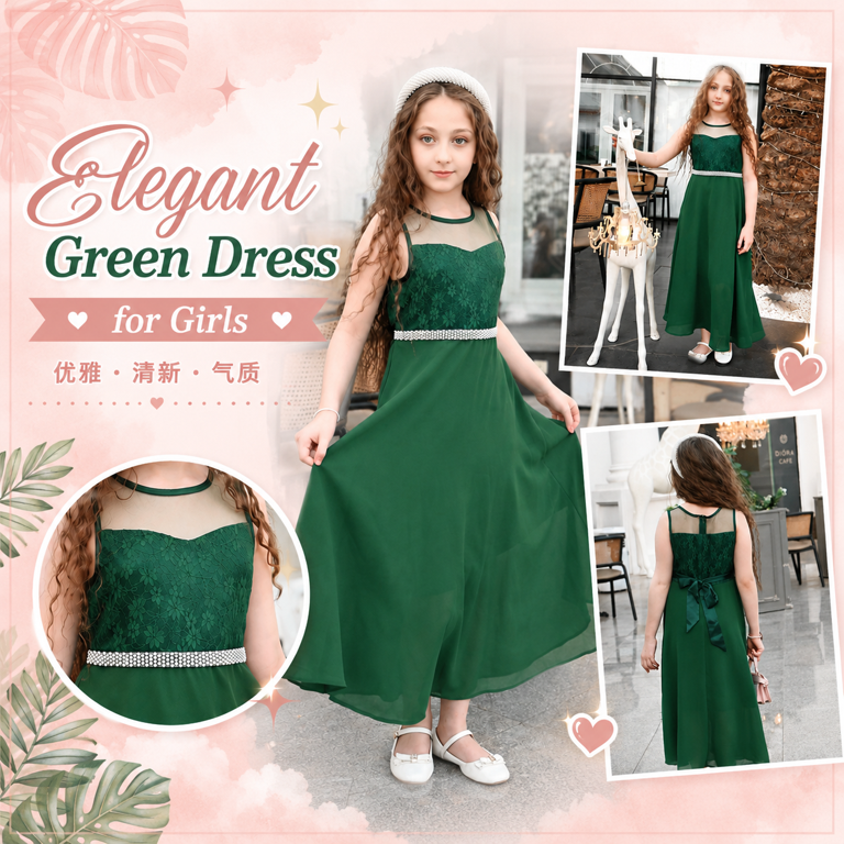 green dress 14 Atoguta 3-14 Years Graduation Dress for Girls Tulle Dresses Bridesmaid Wedding Communion Birthday Party Pageant Maxi Prom Gown for Kids Green, Girl's,