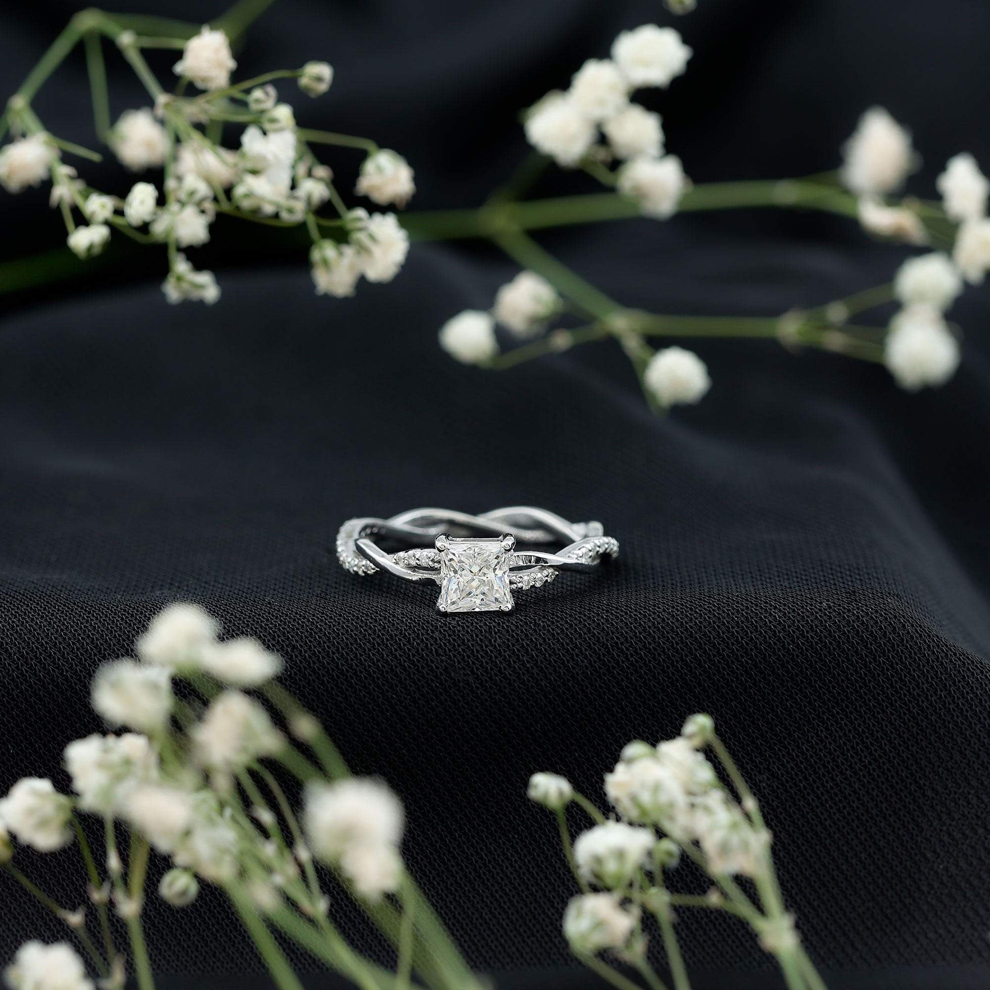 thumbnail video image 2 of Rosec Jewels Princess Cut Moissanite Promise Ring - Braided Ring for Women (5 mm, D-VS1 Quality Certified), 925 Sterling Silver, US 4.00, 2 of 8