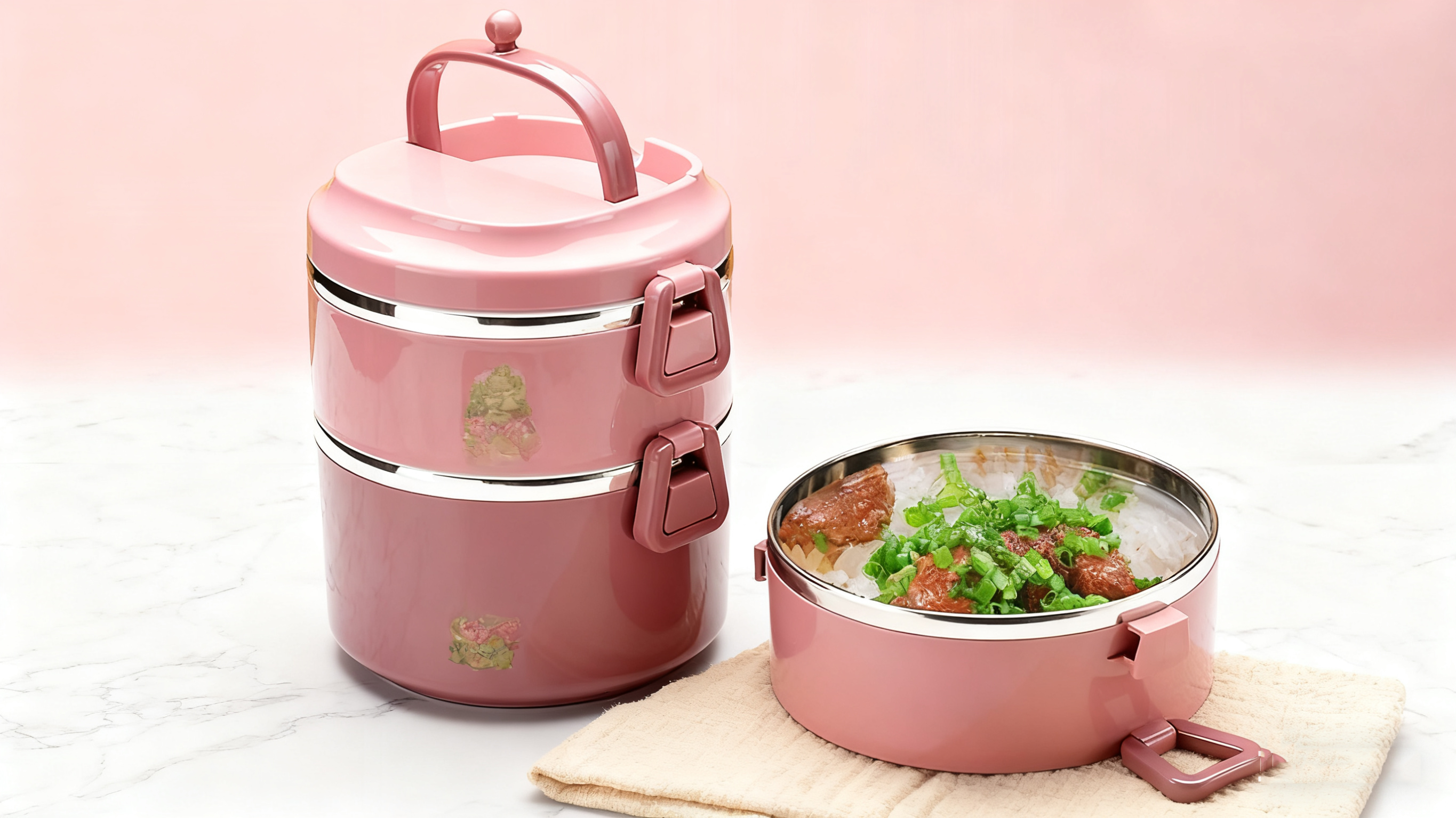 thumbnail video image 2 of SANQIAHOME 3 Tier Stackable Stainless Steel Lunch Box Sealed(pink, 3 layers) with spoon and fork, 2 of 8