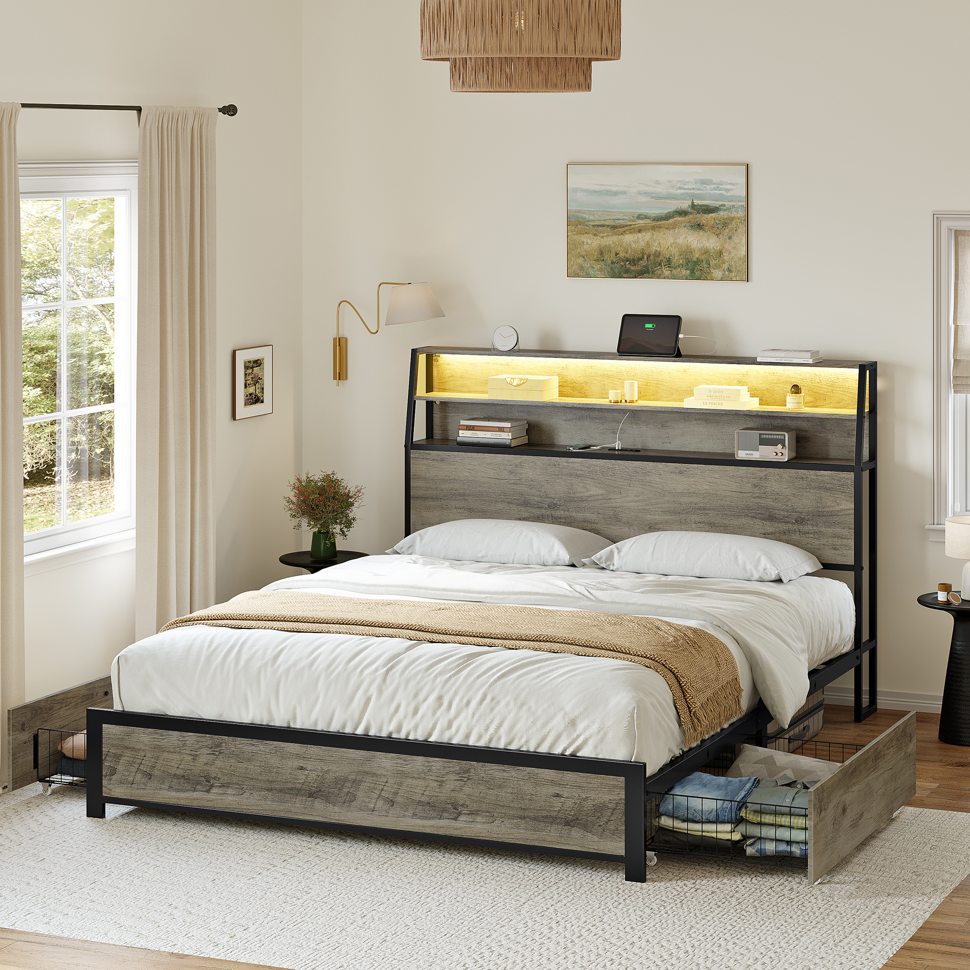thumbnail video image 2 of GUNAITO King Bed Frame with 2 Drawers and 3-Tier Storage Headboard Platform Bed Frame with LED Lights Charging Station Gray, 2 of 8