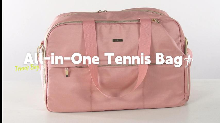 thumbnail video image 2 of Tennis Bag for Women, Large Tennis Tote with Shoe Compartment, Fits 2 Rackets, Pink, 2 of 8