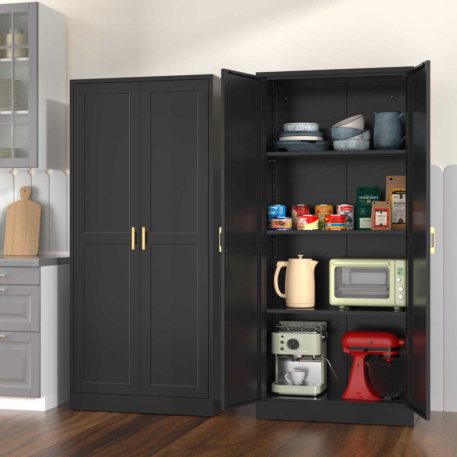 thumbnail video image 2 of Polup 60'' Tall Metal Pantry Cabinet Cupboards with Doors Adjustable Shelves Black Cabinet Office, 2 of 8