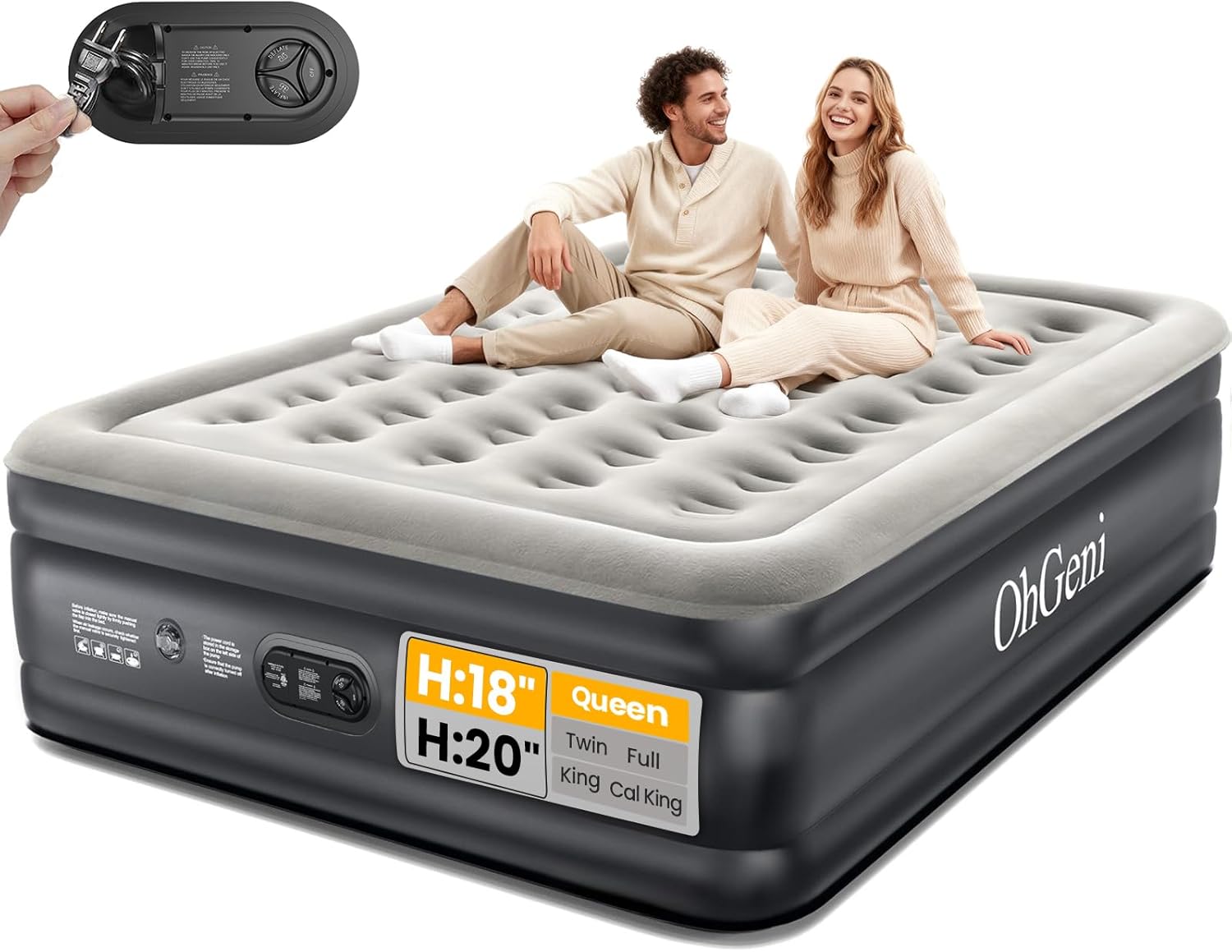 thumbnail video image 2 of OhGeni King Air Mattress Family Choice Award with Built-in Pump,18" Comfortable Blow Up Colchones Inflables Mattress for Home,Guests, Portable Air Bed for Adults, Airbed Supports Up to 700 lbs,Black, 2 of 11